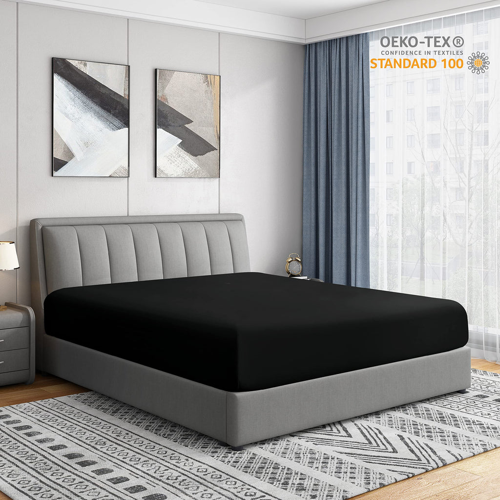 Cathay Home King Fitted Sheet - Double Brushed Ultra Soft – Wrinkle & Fade Resistant - 14' Standard Pocket Fitted Sheet Only - Good Fit For 12'-16' Deep Mattress (King, Black)