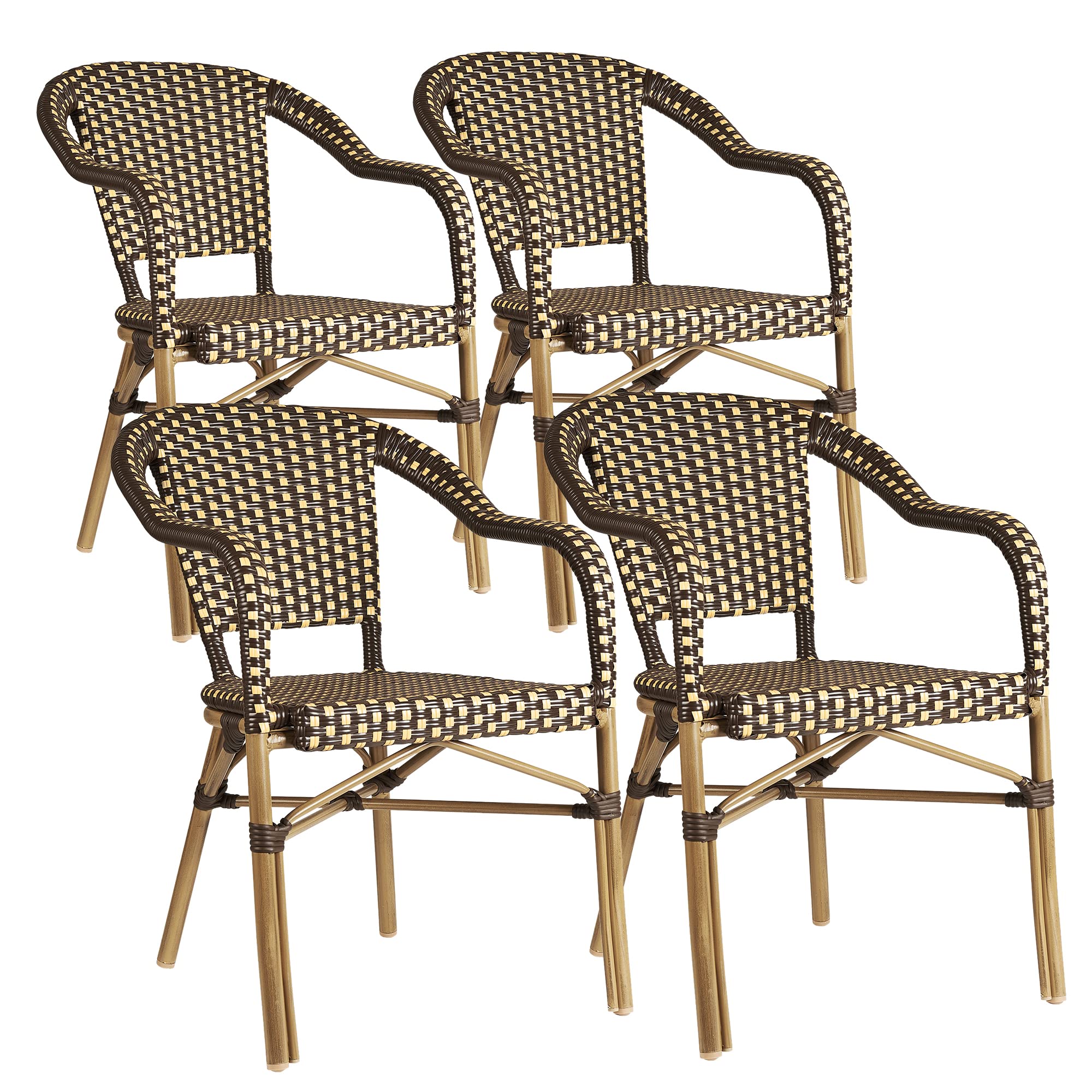 PURPLE LEAF Outdoor Dining Chair Set of 4 Hand-Woven Wicker Armchair for Garden Porch Bamboo Print Finish Patio Chairs Brown Fre