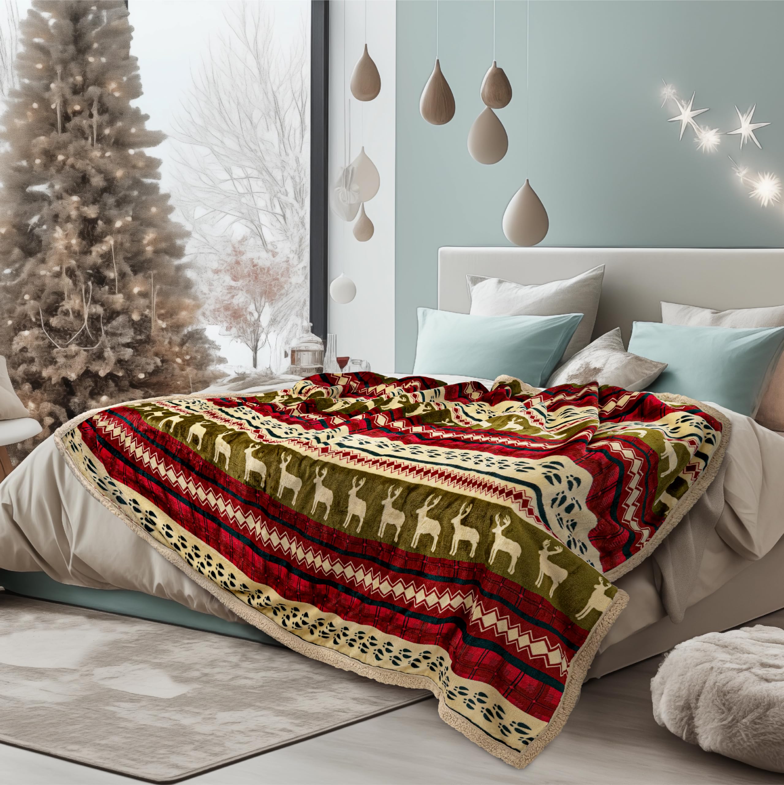 Pavilia Christmas Sherpa Blanket Throw Queen Bed| Red Flannel Fleece Christmas Decoration Blanket| Plush, Warm, Soft Cozy Revers