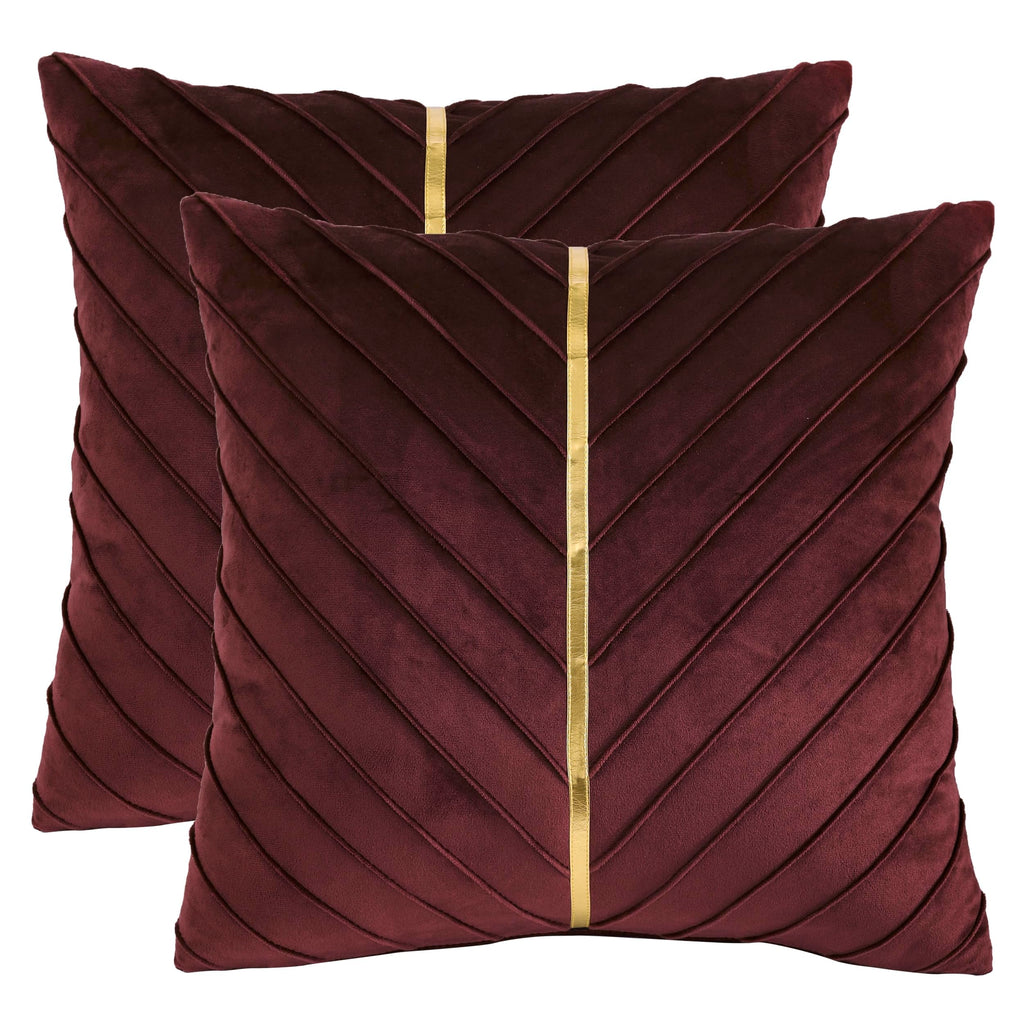 Tosleo Burgundy Velvet Throw Pillow Covers 18X18 Inch Pack Of 2 With Gold Leather Decorative Couch Pillow Cover Luxury Modern Pi