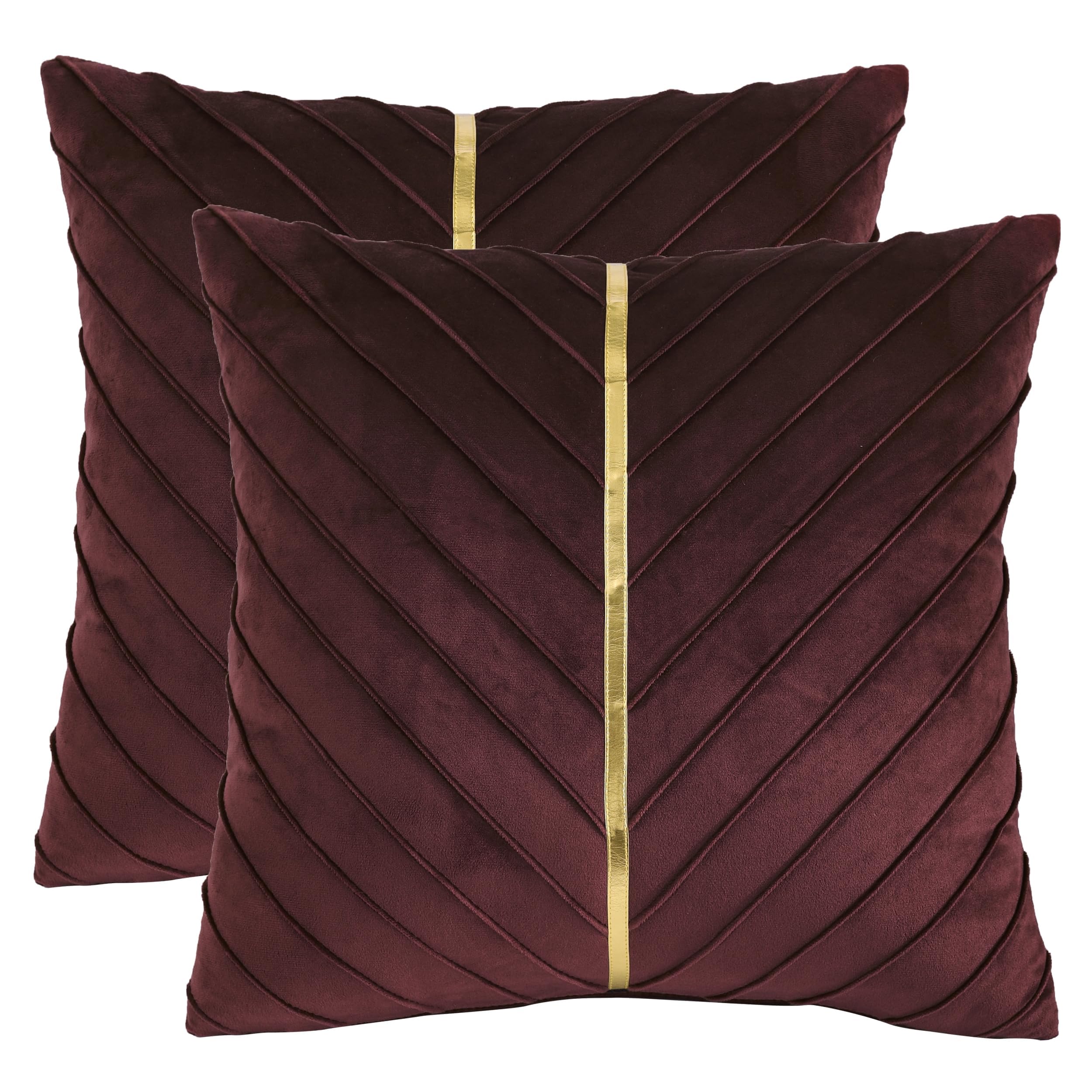 Tosleo Burgundy Velvet Throw Pillow Covers 18X18 Inch Pack Of 2 With Gold Leather Decorative Couch Pillow Cover Luxury Modern Pi