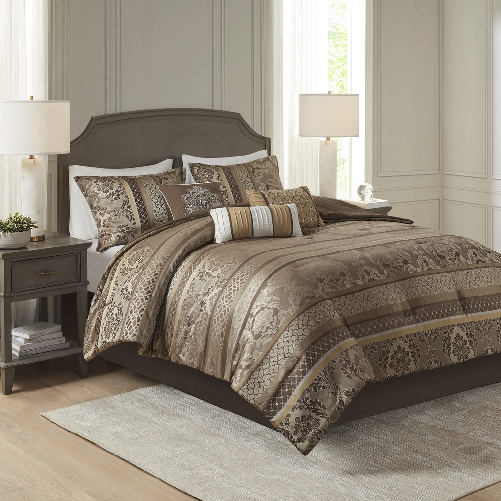 Madison Park Bellagio Cozy Comforter Set - Luxurious Jaquard Traditional Damask Design, All Season Down Alternative Bedding With Matching Shams, Decorative Pillow, King(104'X92'), Brown/Gold 7 Piece