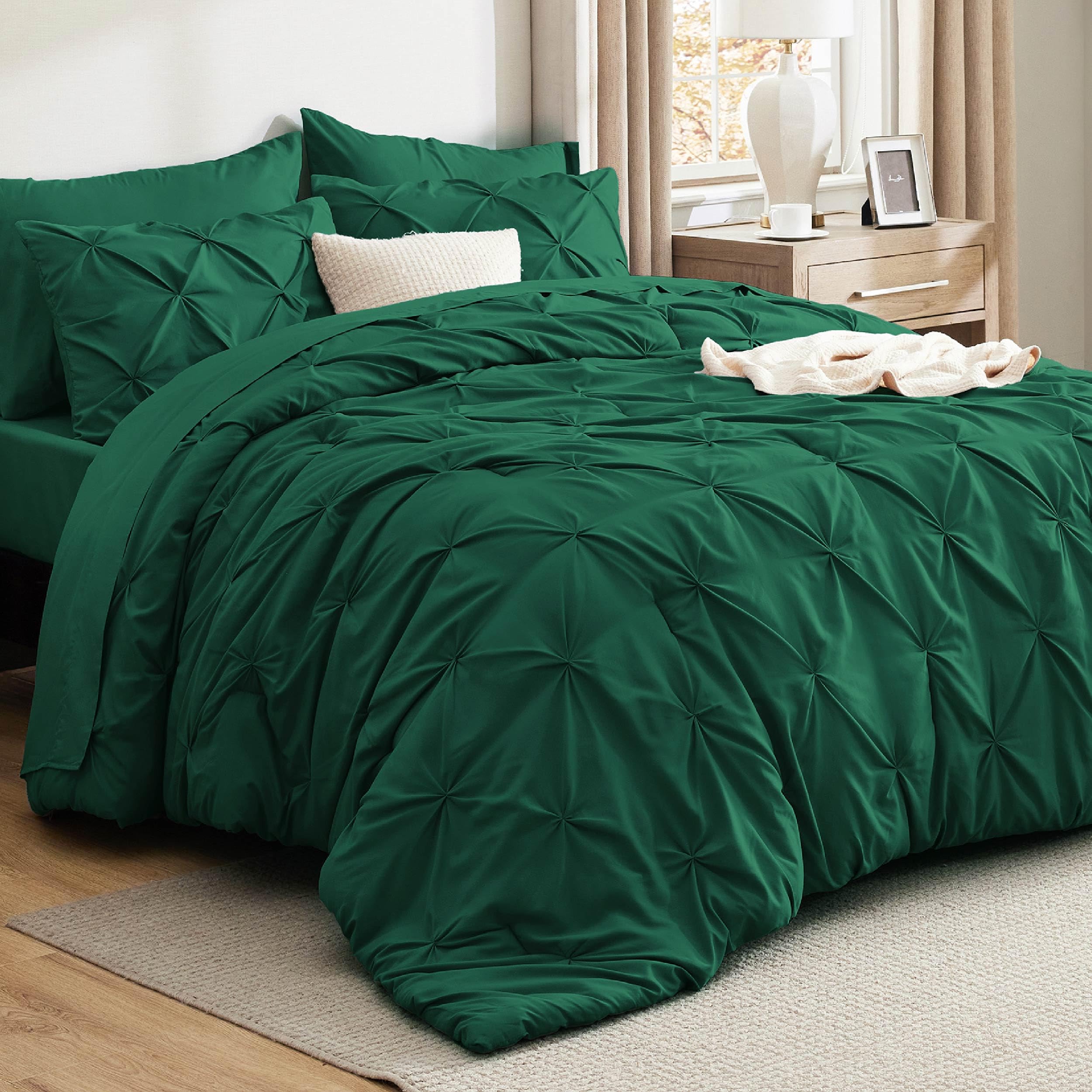 Bedsure Queen Comforter Set Dark Green - Bed In A Bag Queen 7 Pieces, Pintuck Bedding Sets Gift For Christmas, Pinch Pleat Bed S