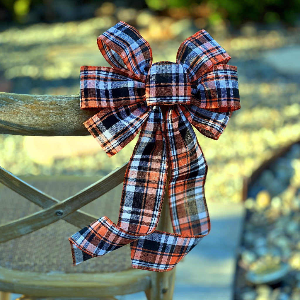 Fall Plaid Door Wreath Bow - 10' Wide, 18' Long Pre-Tied Bow, Orange, Beige, Black, Thanksgiving, Christmas, Kitchen Decor, Do