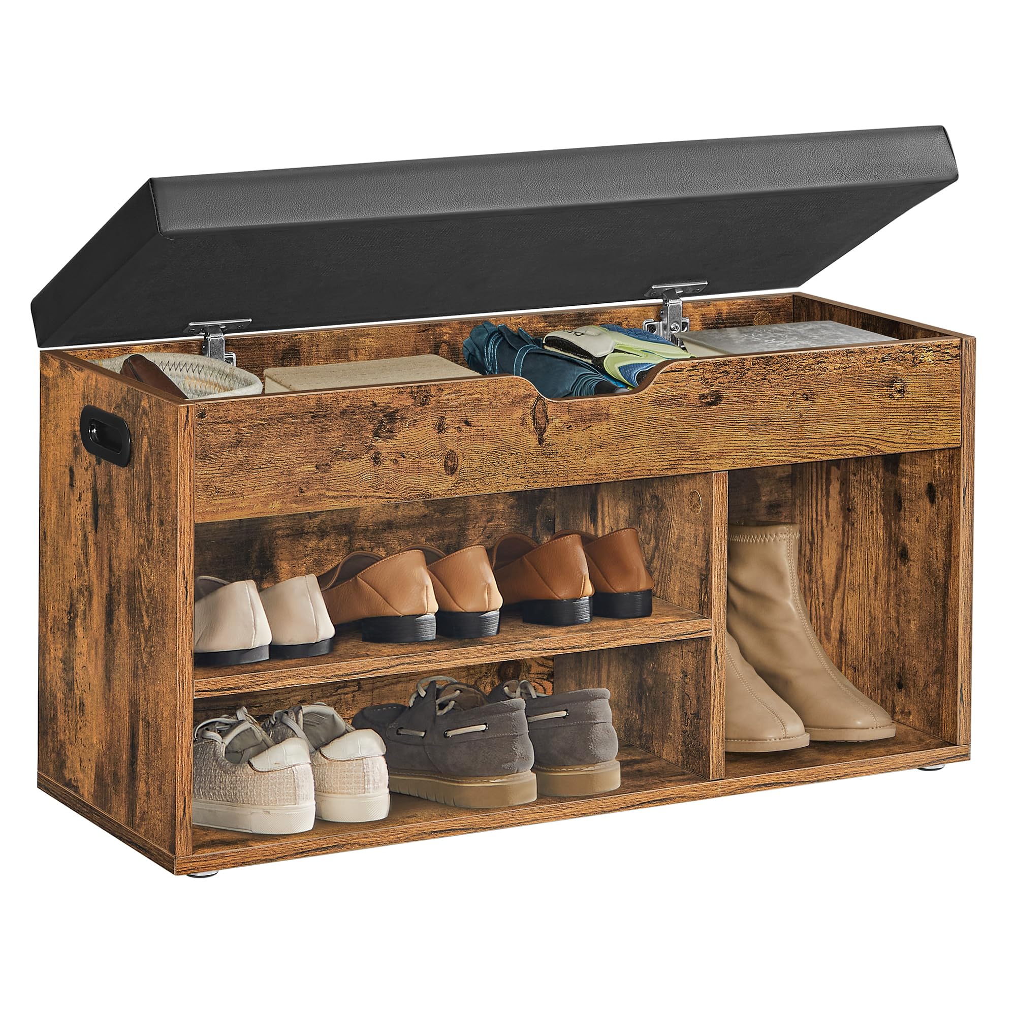 VASAGLE Storage Bench with Cushion, Shoe Bench with Padded Seat, 3 Compartments, Hidden Storage, Shelves, Hallway Bedroom, Load 
