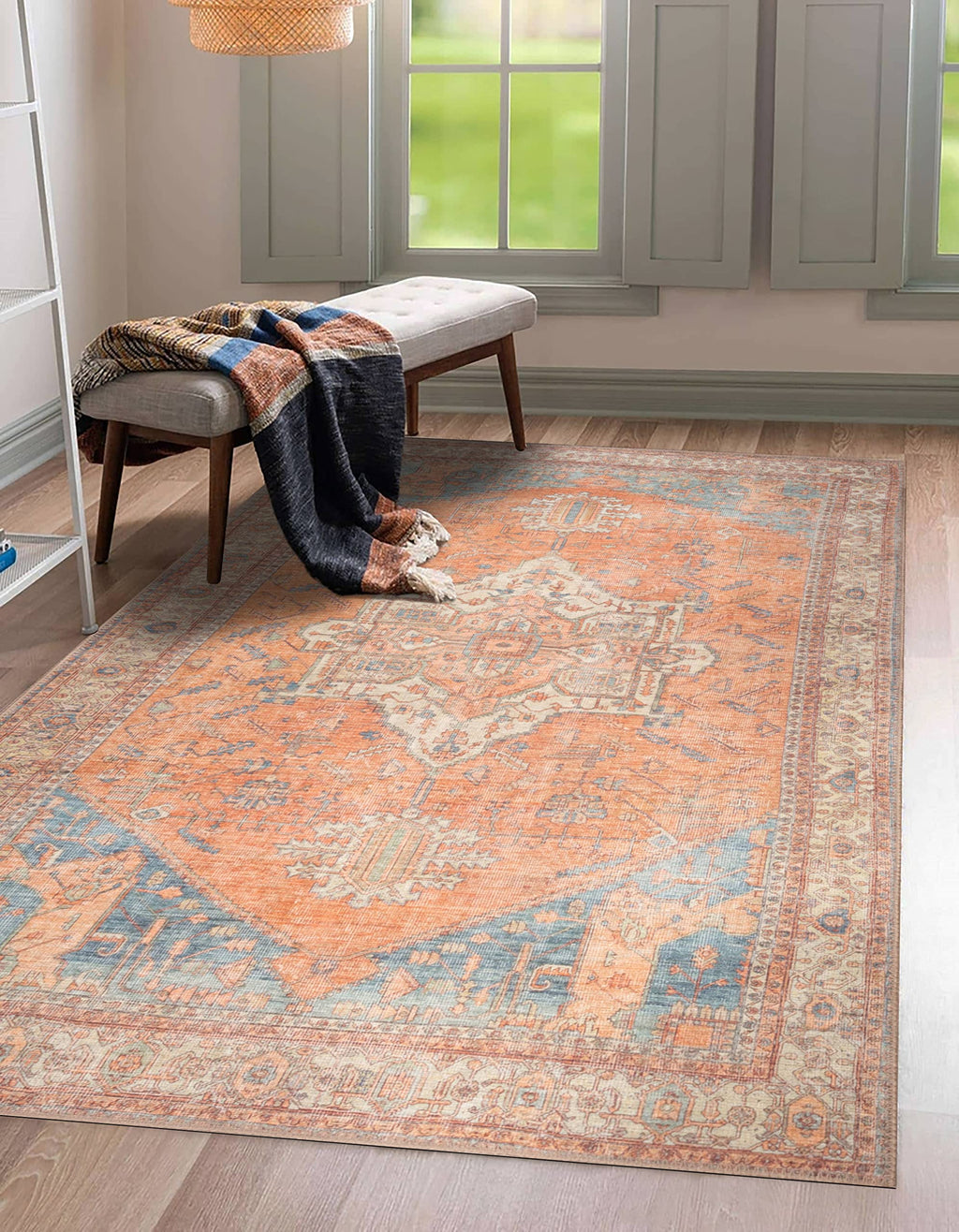 Gln Rugs Stain Resistant Machine Washable Area Rug - Vintage Boho Distressed Aesthetic - Non-Slip Backing - Indoor Floor Home De