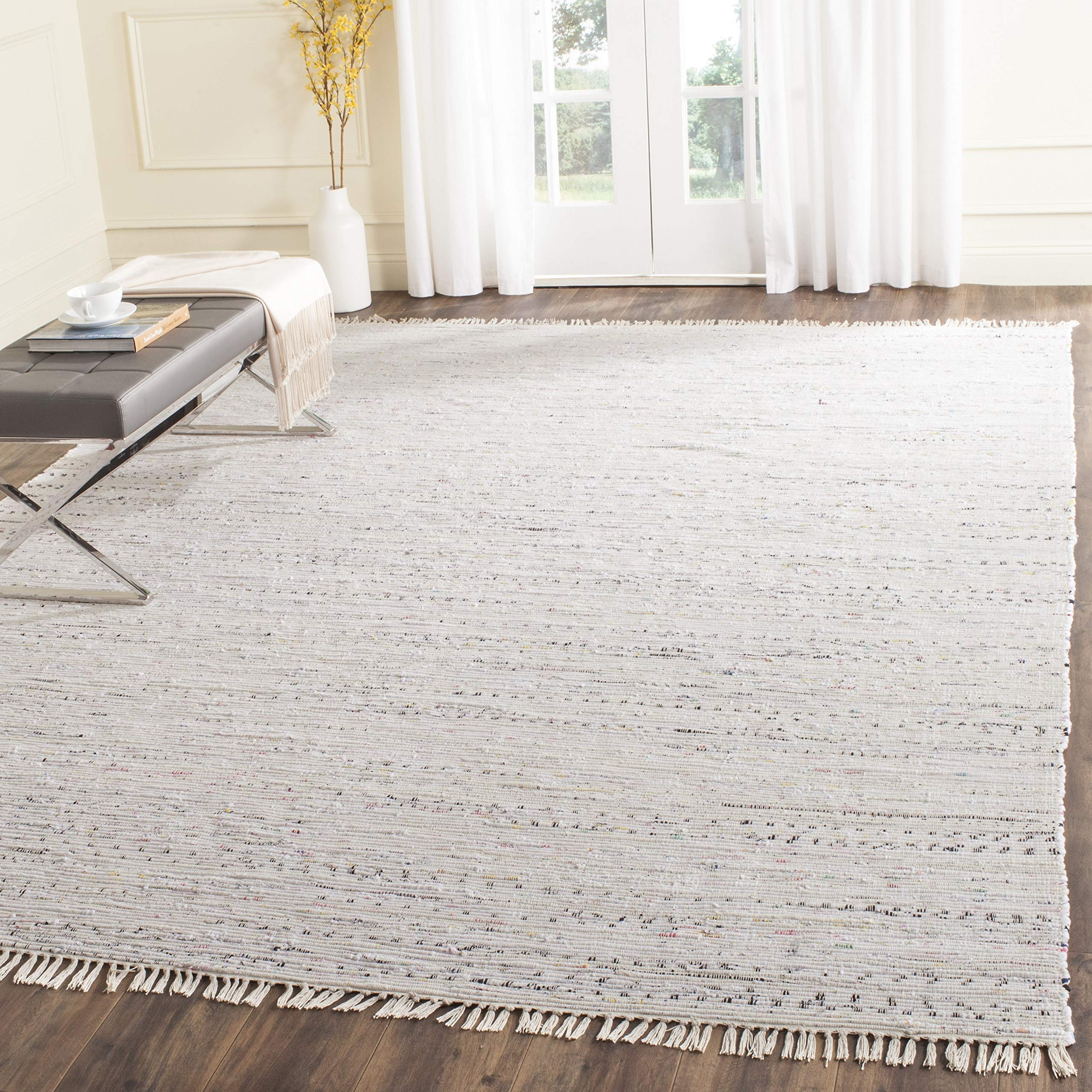 SAFAVIEH Rag Rug Collection Area Rug - 8 Square, Ivory & Multi, Handmade Boho Stripe Cotton, Ideal for High Traffic Areas in Li