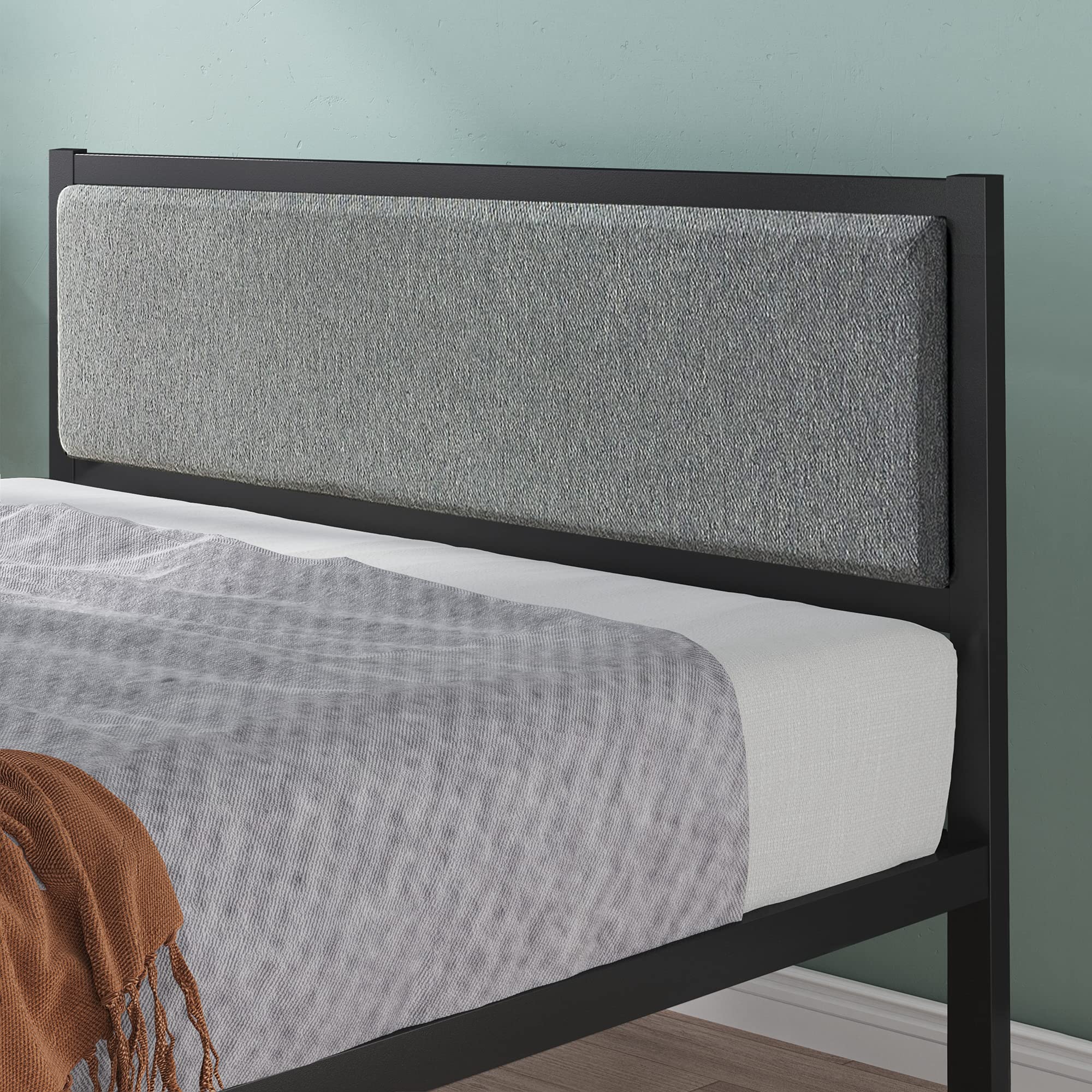 Zinus Korey Full Metal Platform Bed Frame with Upholstered Headboard Black Alloy Steel