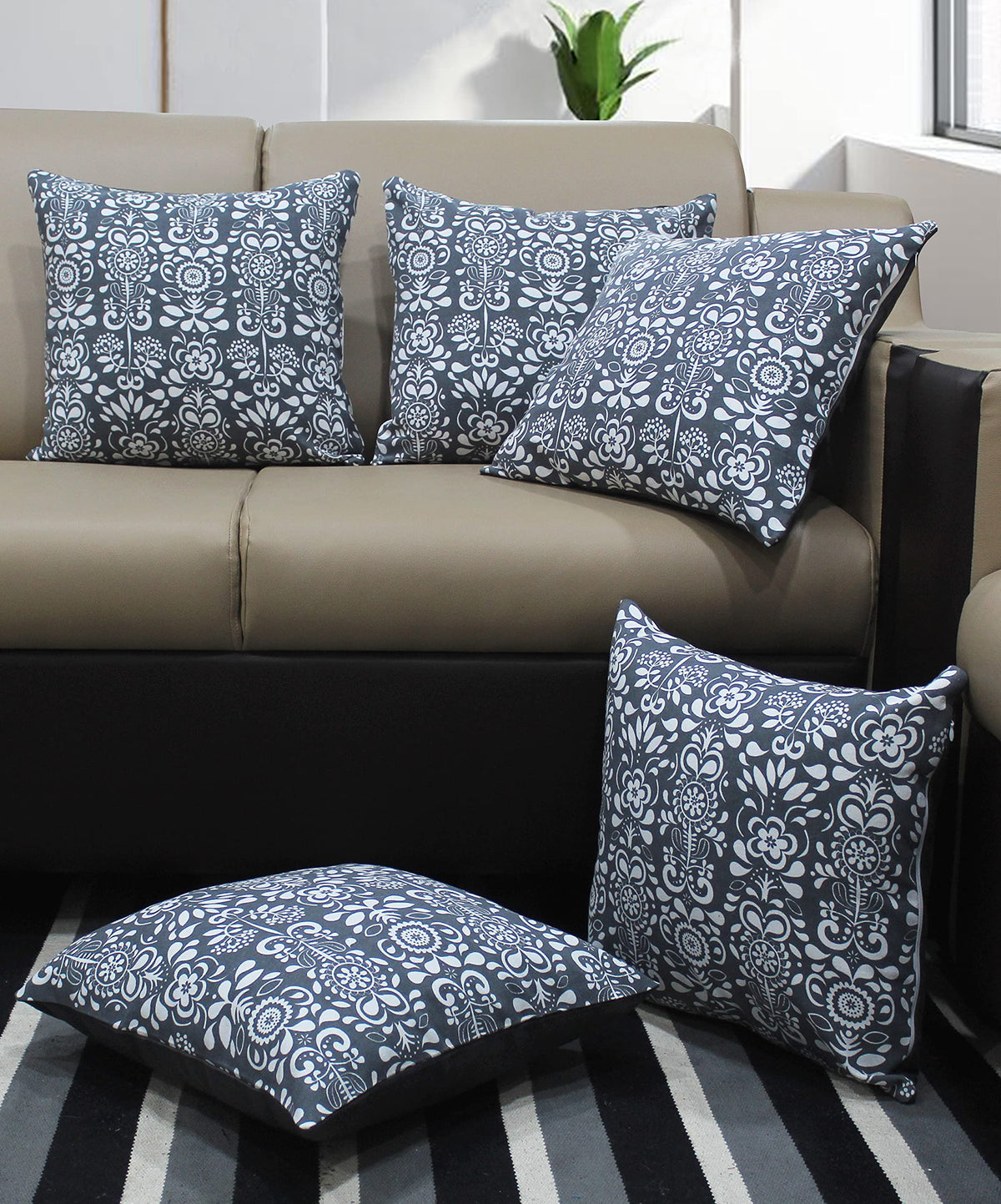 Airwill Cotton Grey Damask Themed Cushion Covers For Cushions & Pillows (Grey & White, Pack Of 5)