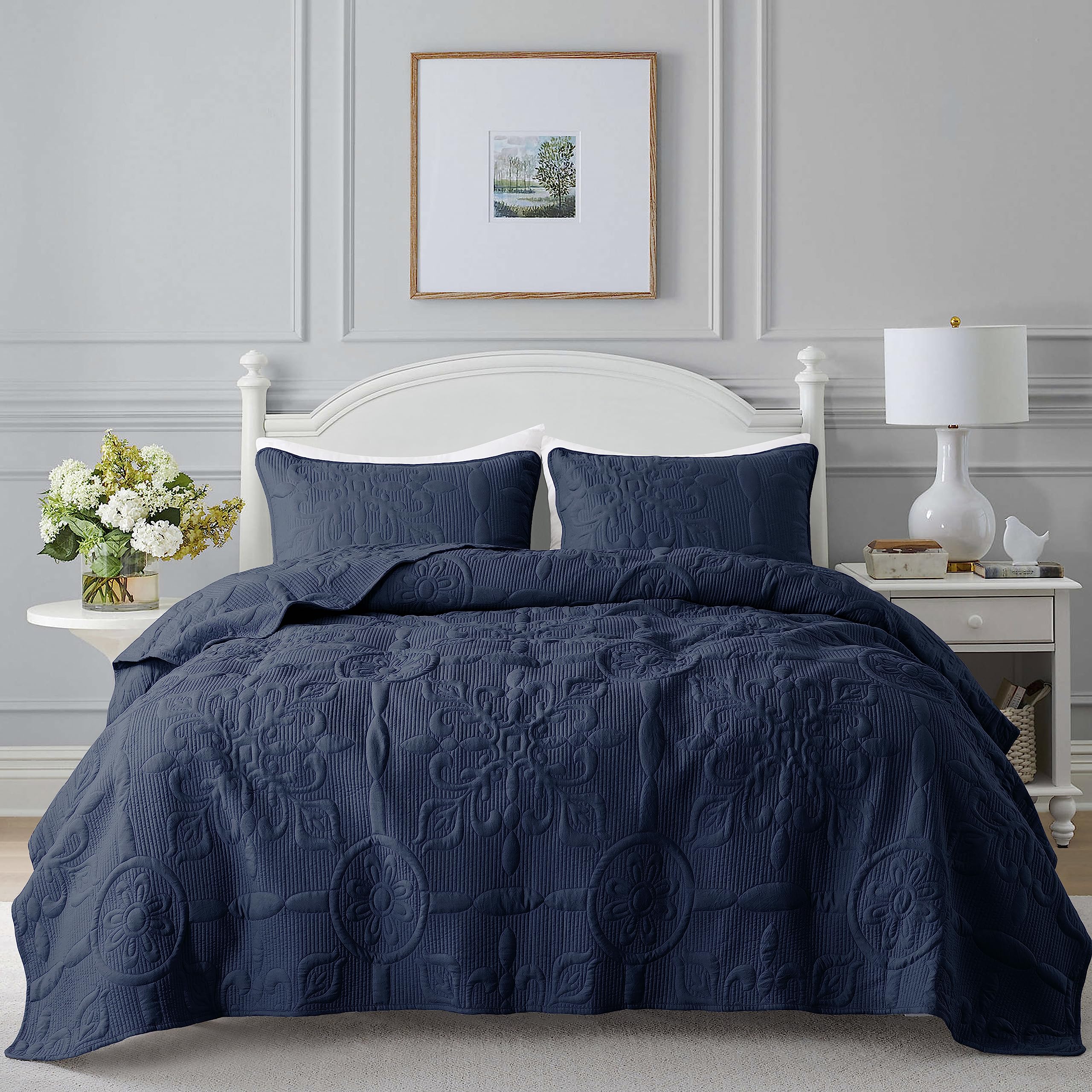 B2Ever Damask Quilt King Size Bedding Sets With Pillow Shams, Boho Lightweight Soft Bedspread Coverlet, Navy Blue Quilted Blanke
