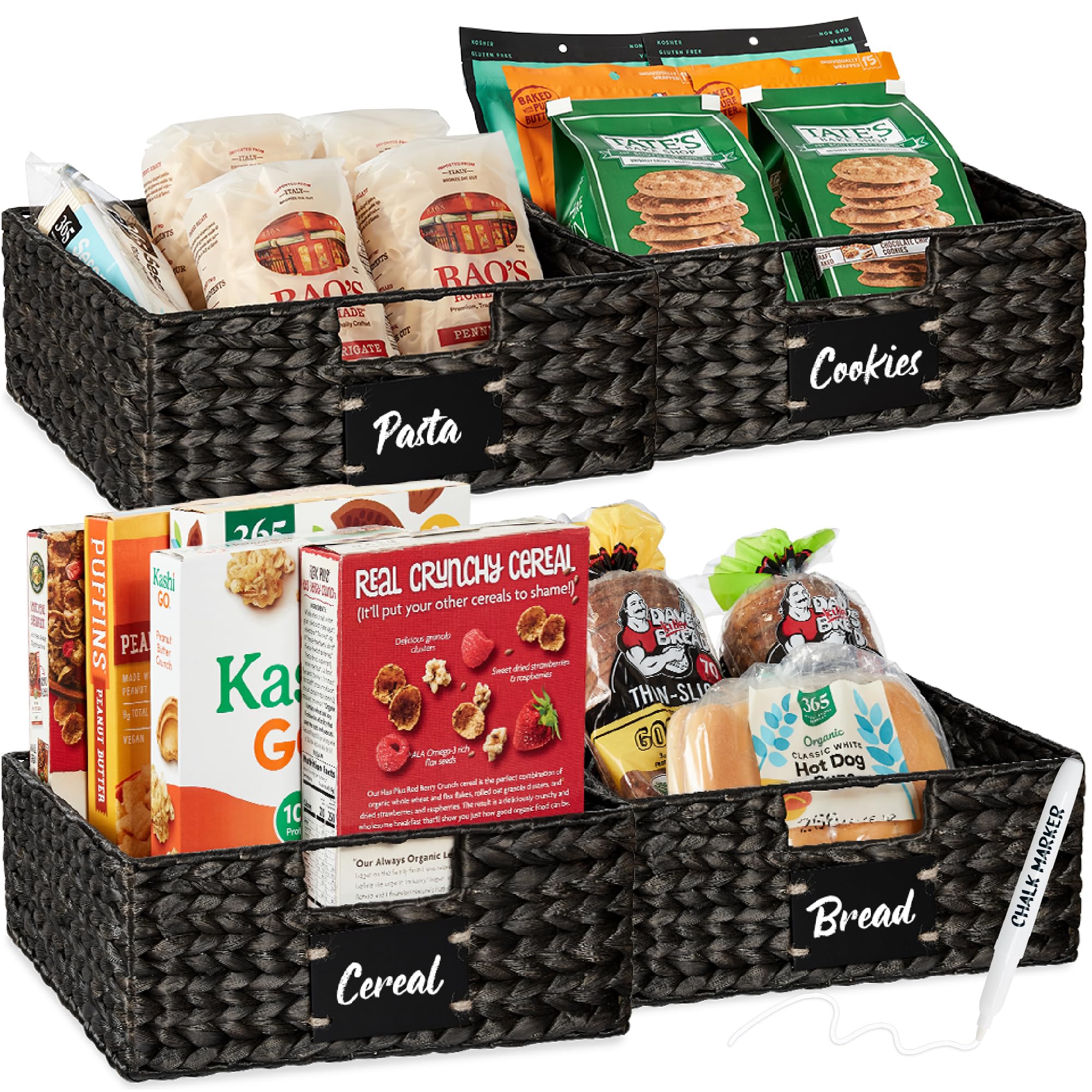 Best Choice Products Set of 4 13x12in Water Hyacinth Pantry Baskets, Woven Organizers w/Chalkboard Label, Chalk Marker - Black