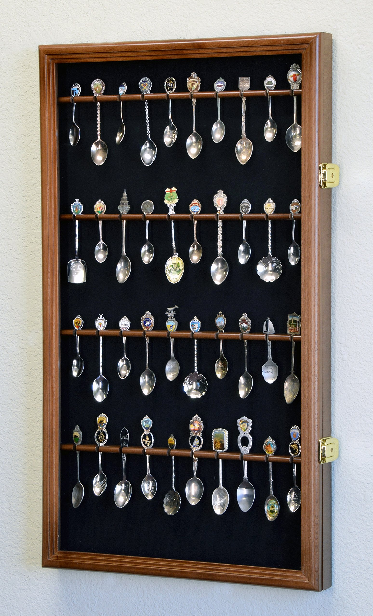 40 Larger Spoon Display Case Cabinet Wall Mount Rack Holder w/98% UV Protection Lockable, Walnut