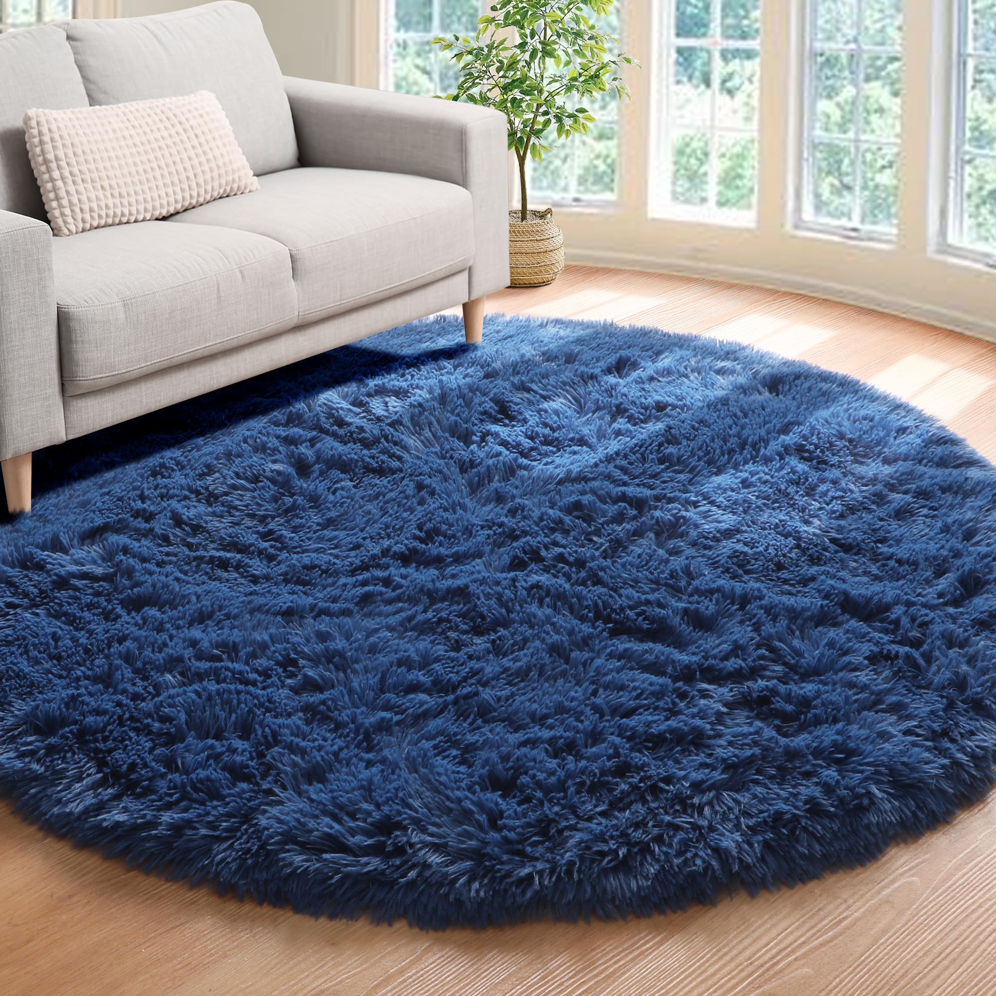 ONASAR Navy Blue Round Area Rug 4ft, Soft Bedroom Circle Rugs Floor Mat for Kids Girls Boys Teen Room, Fluffy Plush Shaggy Carpe