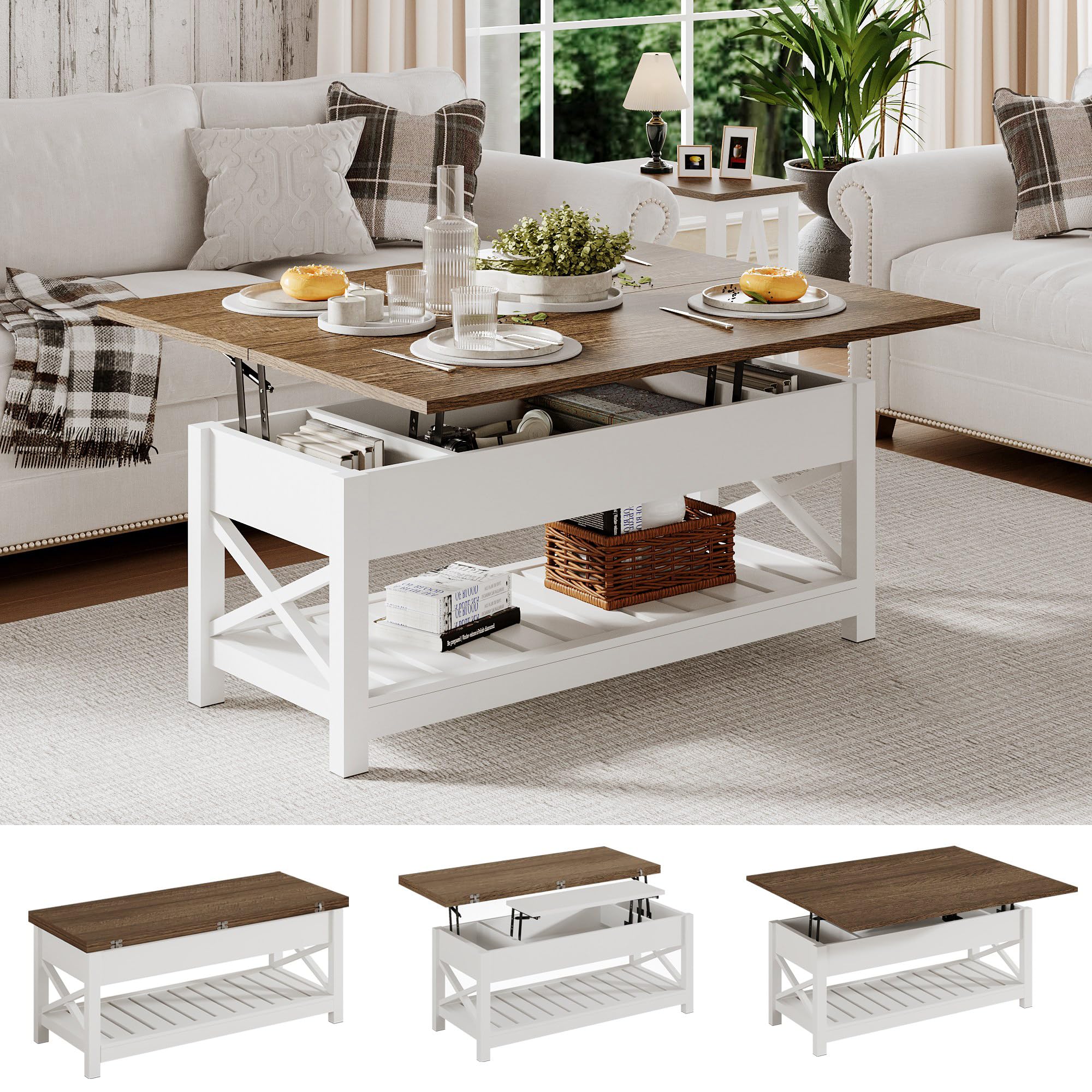 ChooChoo Farmhouse Lift Top Coffee Table, Multi-Function Convertible Coffee Table with Storage and Hidden Compartment, Converts 