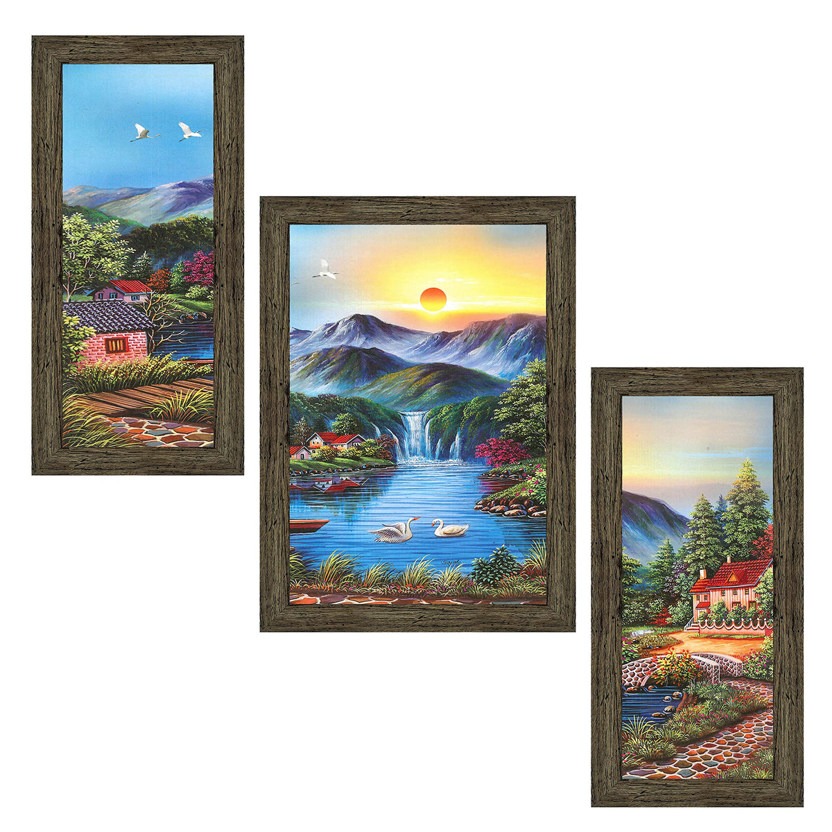 Indianara Set Of 3 River And Mountain Framed Art Painting (3774Eby) Without Glass 6 X 13, 10.2 X 13, 6 X 13 Inch