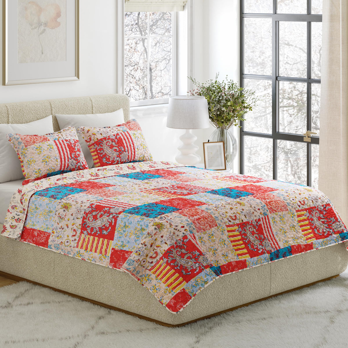Lavish Home 3Piece Quilt Set  Mallory Classic Patchwork King Quilt With 2 King Pillow Shams  Machine Washable Lightweight Bed