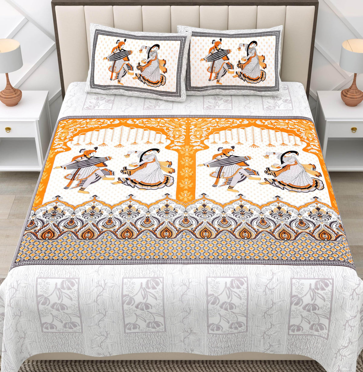 RajasthaniKart Pure 100% Cotton Double Bed Sheet with 2 Pillow Covers (Bedsheet for Double Bed Cotton, Traditional Dholamaru,Jai