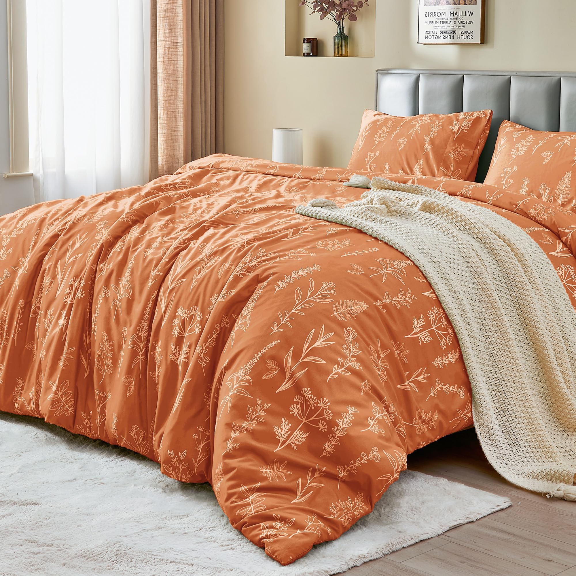 Muxhomo Duvet Cover Queen Size, Reversible Floral Caramel Duvet Cover Set With Zipper Closure, 3 Pieces Botanical Patterns Soft