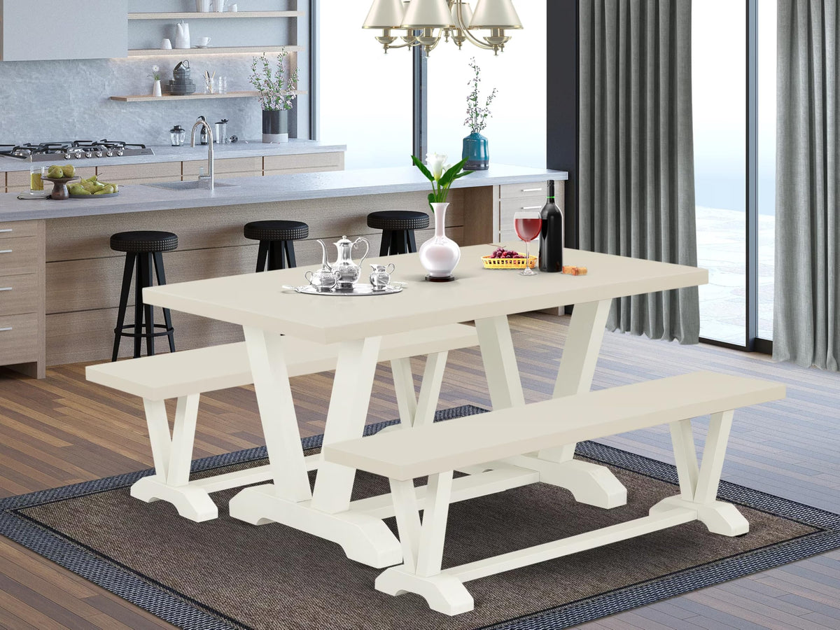 East West Furniture V2-026 3 Piece Dining Set Contains a Rectangle Dining Room Table with V-Legs and 2 Kitchen Table Bench, 36x60 Inch, Multi-Color