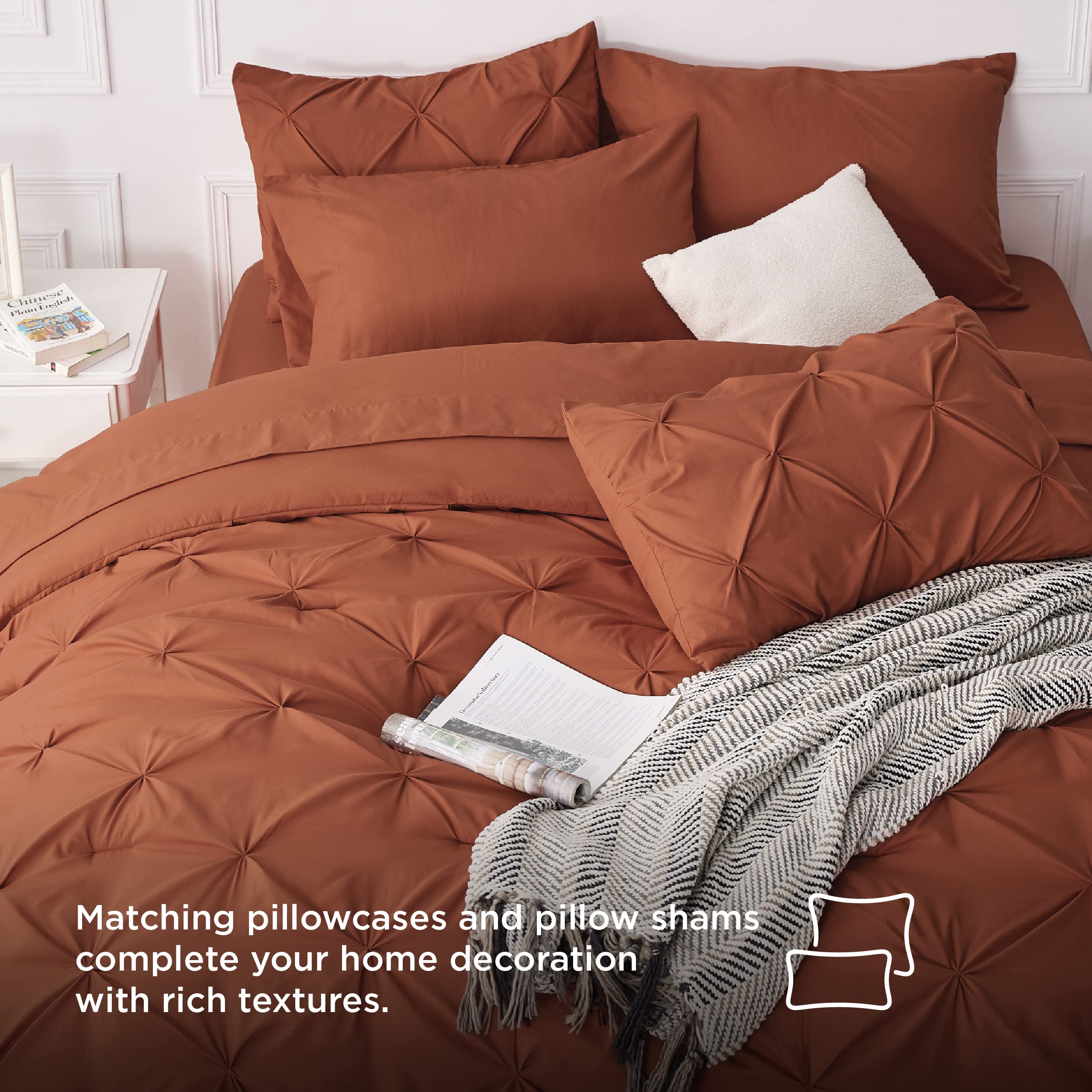 Bedsure Bed In A Bag Queen 7 Pieces - Queen Size Comforter Set, Pintuck Bedding Sets Burnt Orange Bed Set With Comforter, Sheets