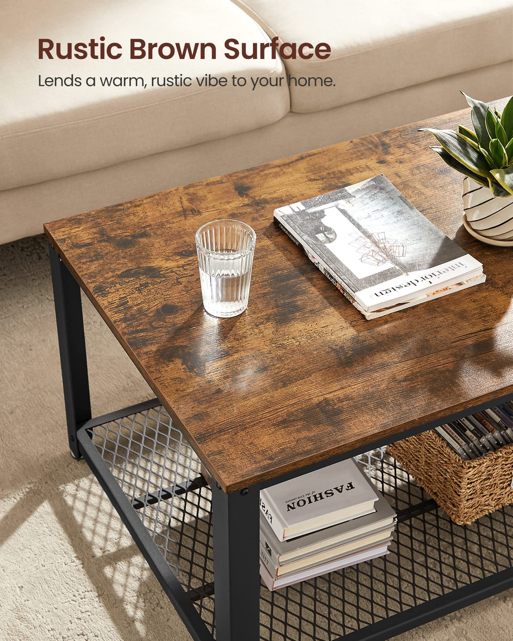 VASAGLE Coffee Table, 2-Tier Industrial Design, Steel Frame, 23.7"D x 41.8"W x 17.7"H, Rustic Brown, Model ULCT61