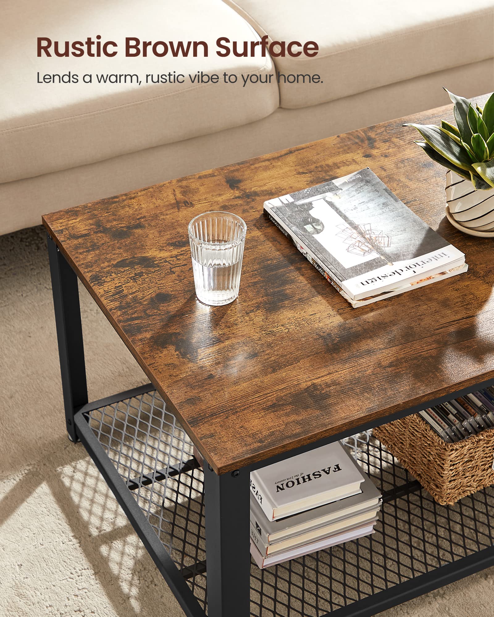 VASAGLE Coffee Table, 2-Tier Industrial Design, Steel Frame, 23.7"D x 41.8"W x 17.7"H, Rustic Brown, Model ULCT61