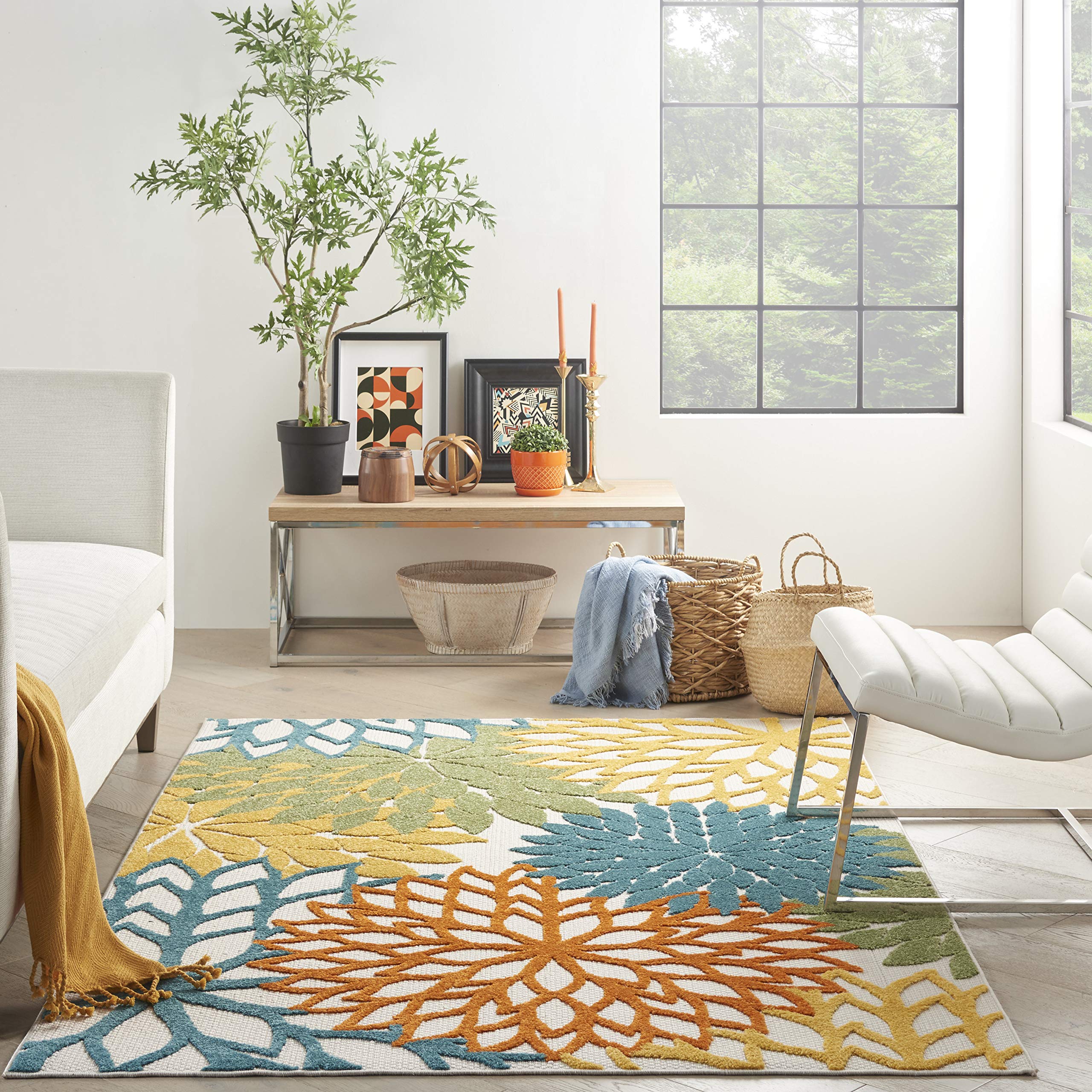 Nourison Aloha Indoor/Outdoor Floral Turquoise Multicolor 3'6' X 5'6' Area Rug, (4' X 6')