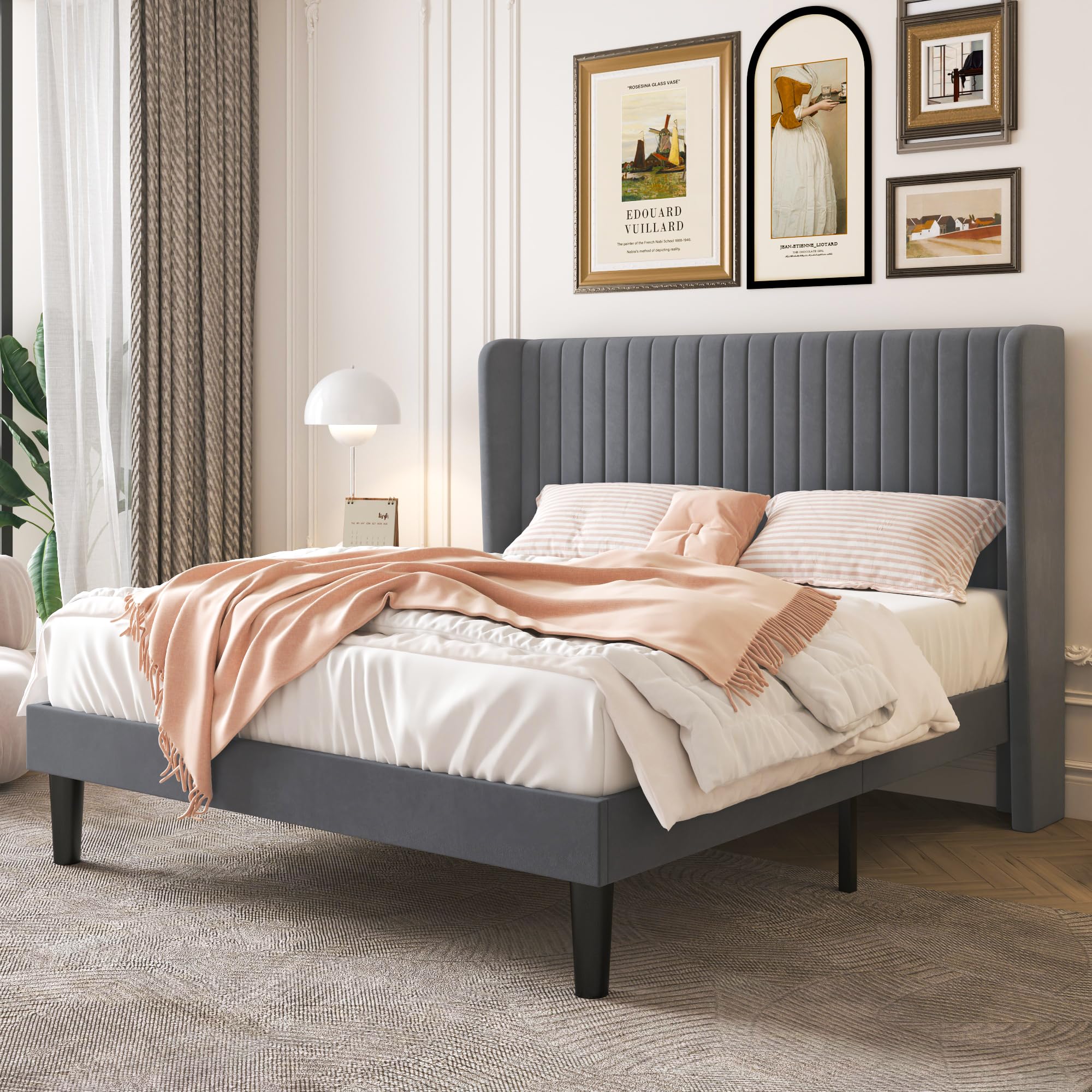 SHA CERLIN Queen Size Velvet Bed Frame with Vertical Channel Tufted Wingback Headboard, Upholstered Platform Bed with Wood Slats