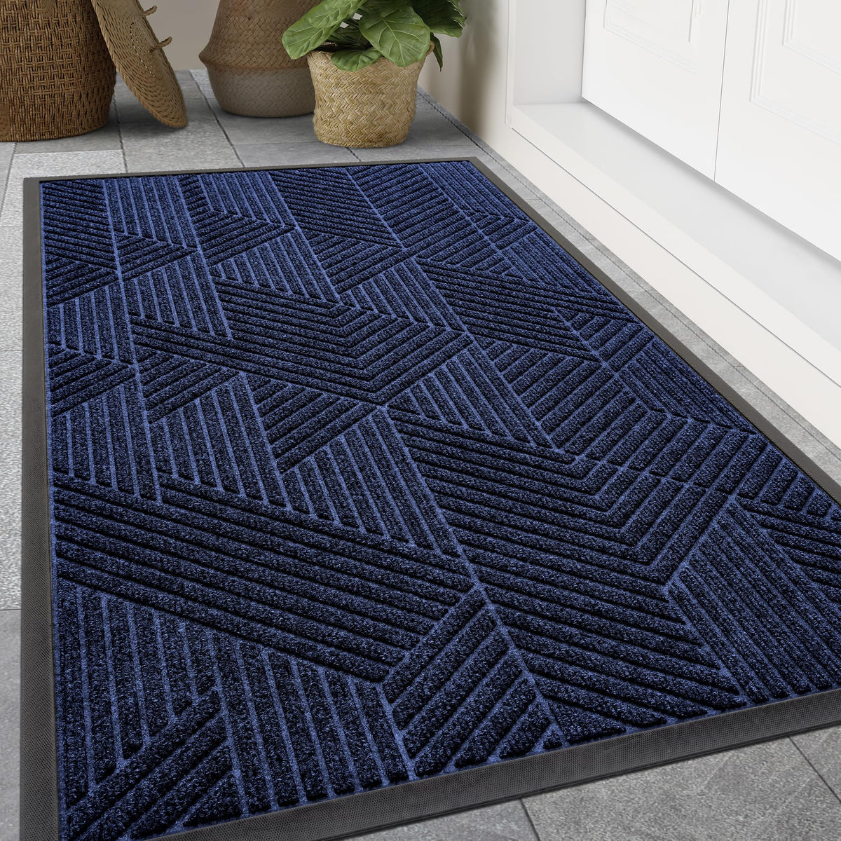 Smiry Front Door Mat Outside Entrance, Heavy Duty Sturdy Natural Rubber Doormat, Trap Dirt And Moisture, Easy Clean Low Profile Welcome Floor Mats For Indoor Outdoor Entry, 47X32 Inch, Navy Blue