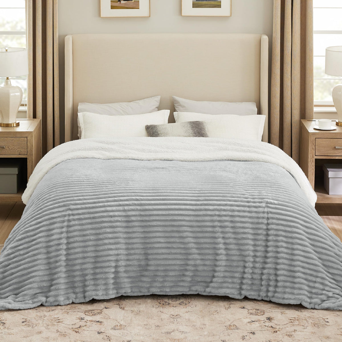 Bedsure Sherpa Blanket King Size For Bed  Super Soft Cozy Blanket Gift, Fleece Thick Warm Blanket For Winter, Grey, 108X90 Inch