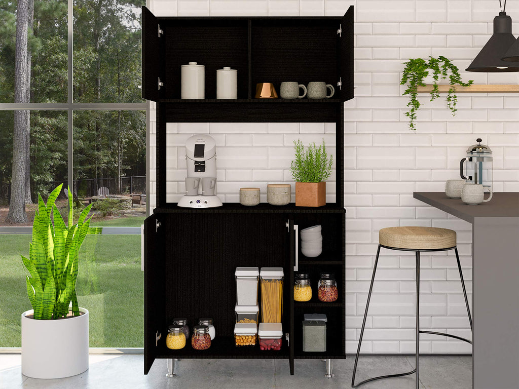 Malta Kitchen Pantry Double Door Cabinet, 4 Legs, 3 Shelves, Black