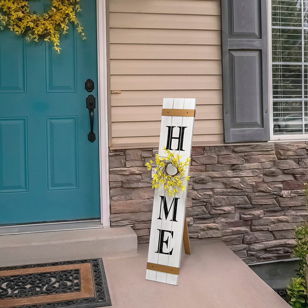 Elegant Designs Hg2011-Wbk Seasonal Wooden Home Porch Welcome Sign With 4 Interchangeable Floral Wreaths Decorative Accent Frame, White Wash