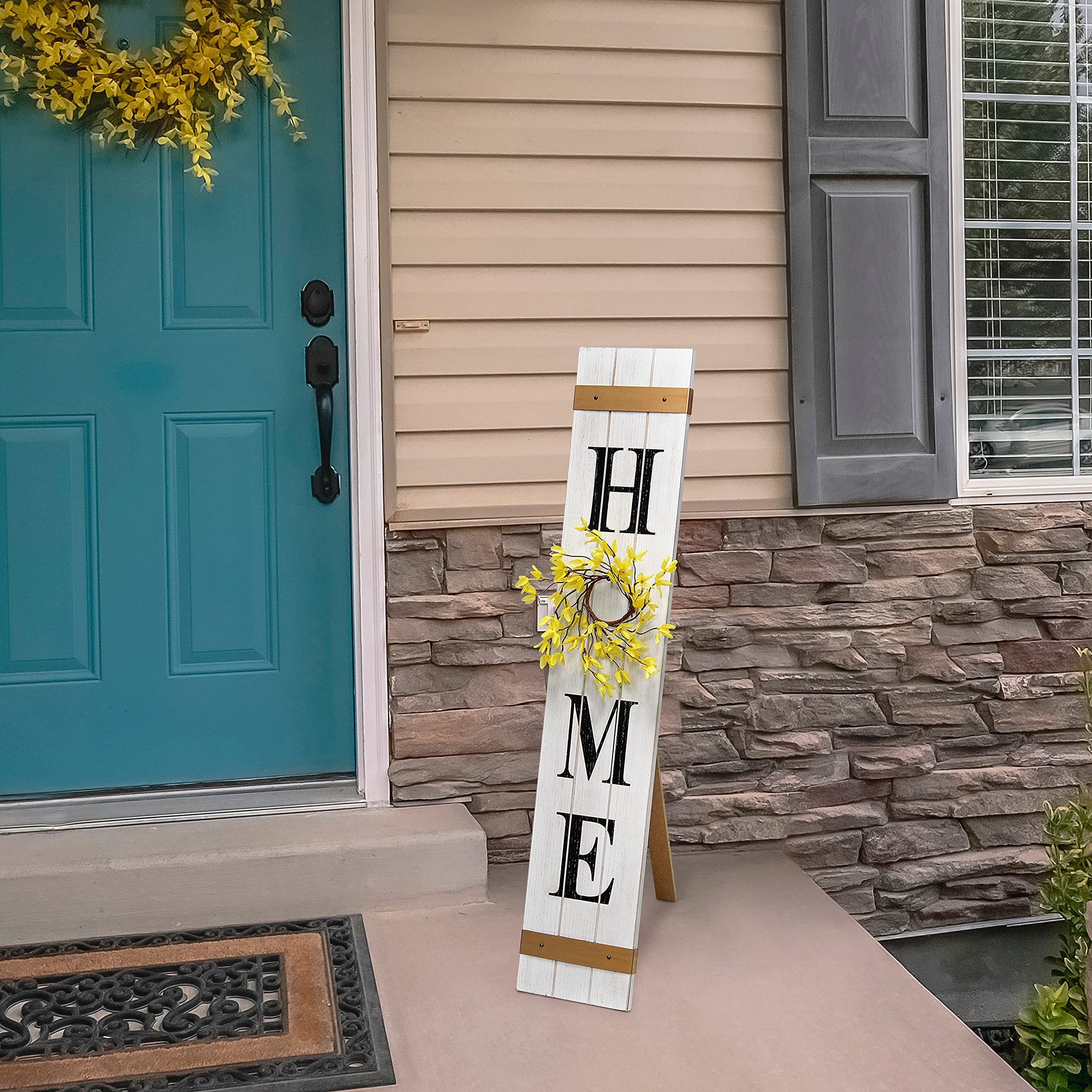 Elegant Designs Hg2011-Wbk Seasonal Wooden Home Porch Welcome Sign With 4 Interchangeable Floral Wreaths Decorative Accent Frame, White Wash