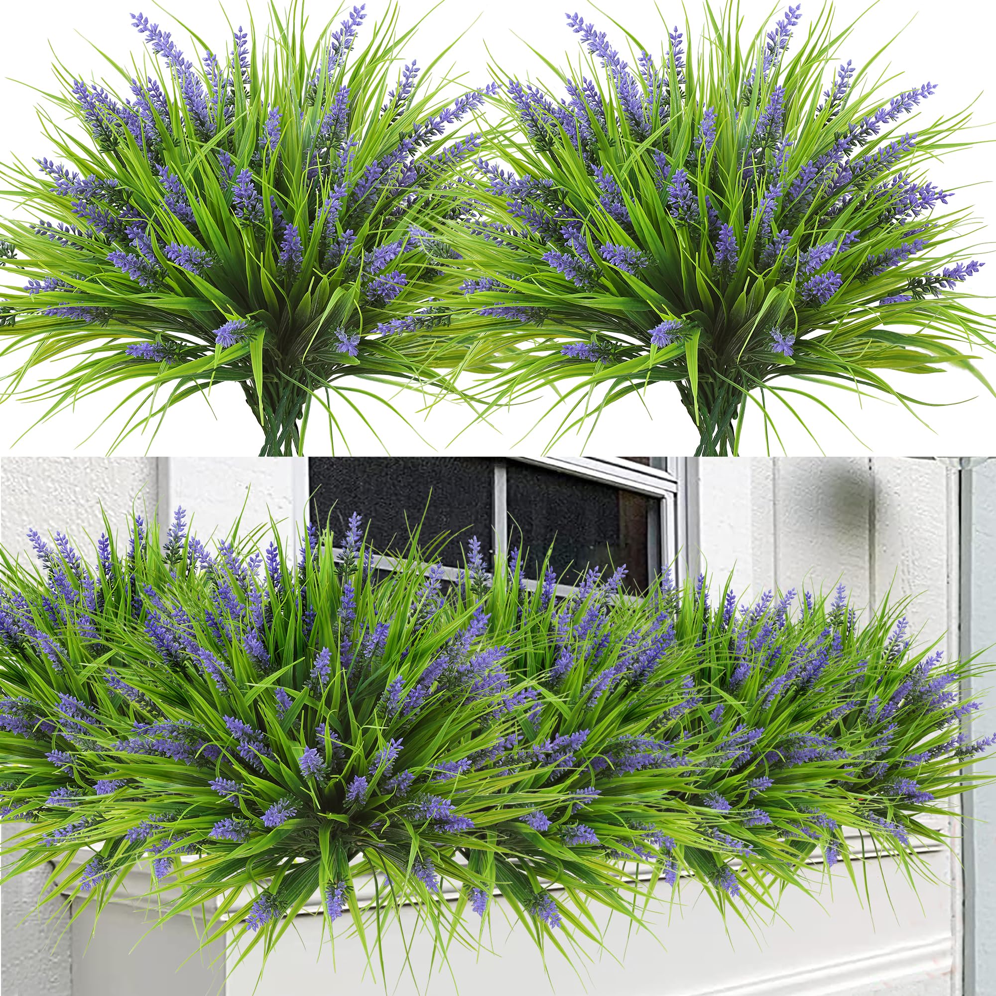 Sggvecsy 24 Bundles Artificial Plants Outdoor Faux Lavender Flowers Fake Monkey Grass UV Resistant Plastic Greenery Plants for G