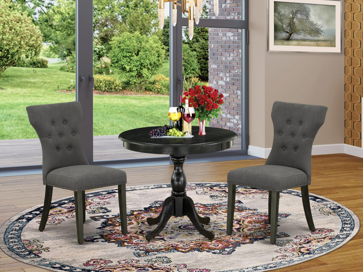 East West Furniture AMGA3-ABK-50 3 Piece Modern Dining Table Set Contains a Round Kitchen Table with Pedestal and 2 Dark Gotham Linen Fabric Upholstered Chairs, 36x36 Inch, Wirebrushed Black