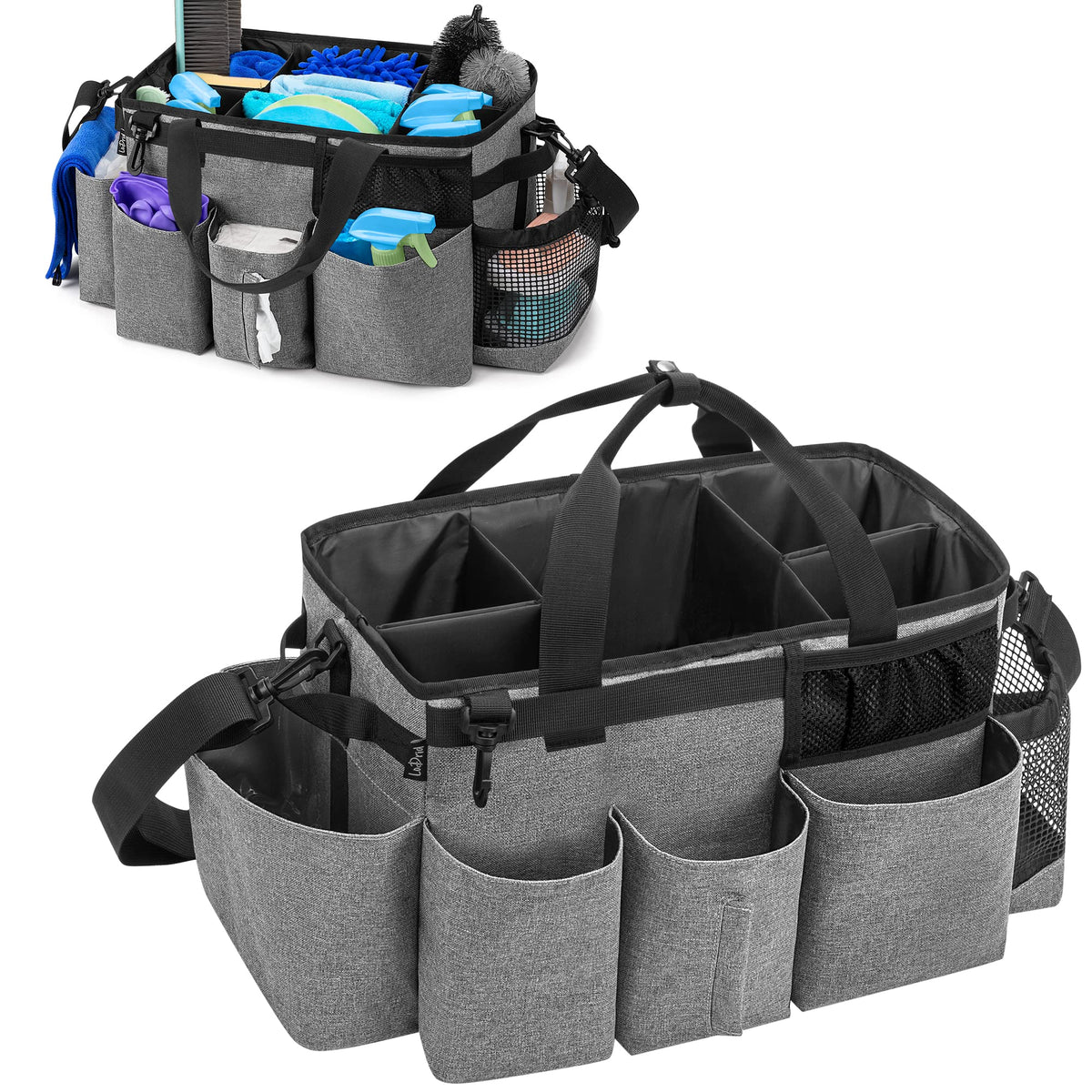 Lodrid Wearable Cleaning Caddy Bag With 4 Foldable Dividers, Cleaning Supply Organizer With Shoulder Strap And Side Handles For
