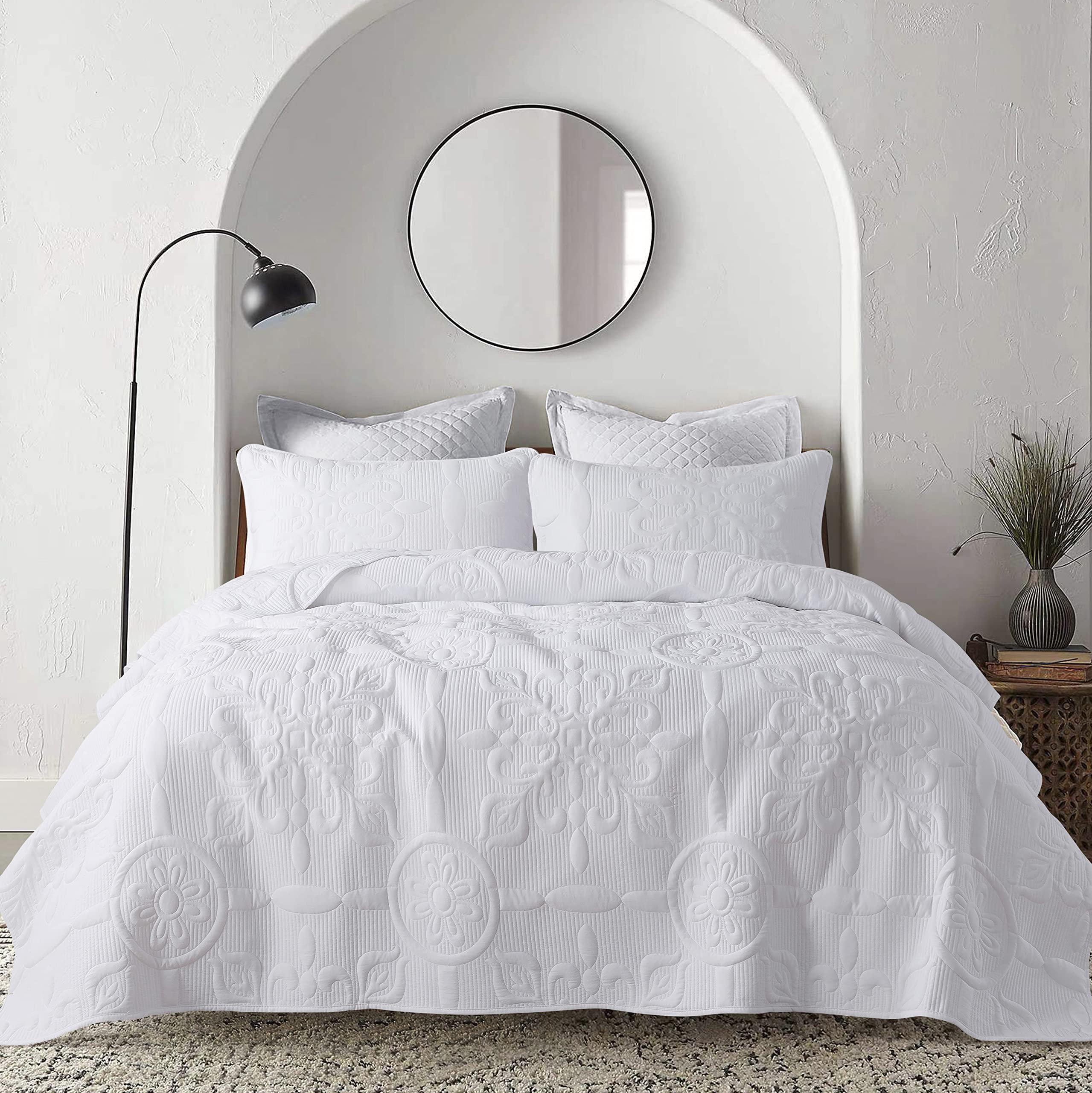 Damask Quilt King Size Bedding Sets With Pillow Shams, Boho Soft Lightweight Bedspread Coverlet, White Quilted Blanket Thin Comf