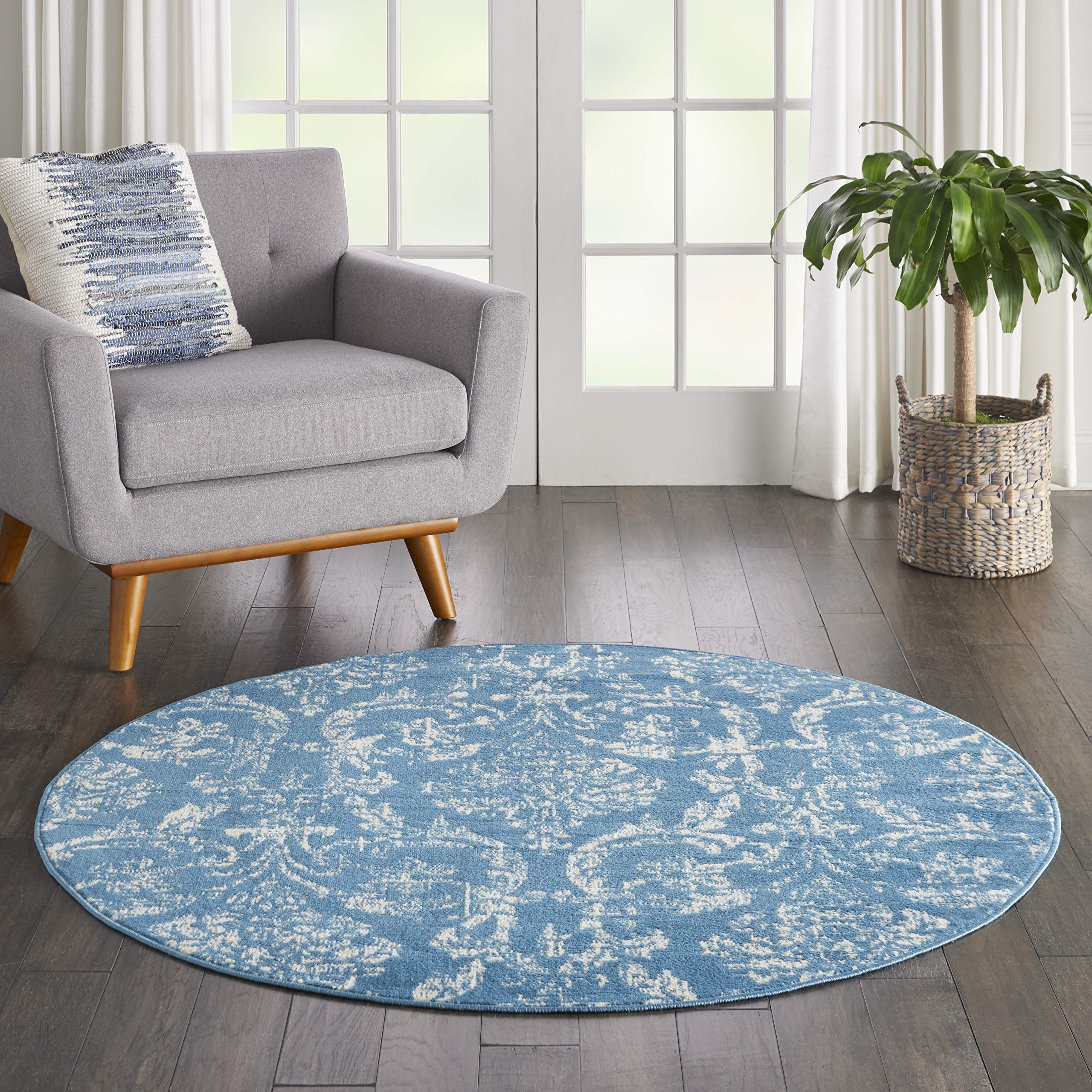 Nourison Jubilant Damask Blue 53 x Round Area -Rug, Easy -Cleaning, Non Shedding, Bed Room, Living Room, Dining Room, Kitchen (