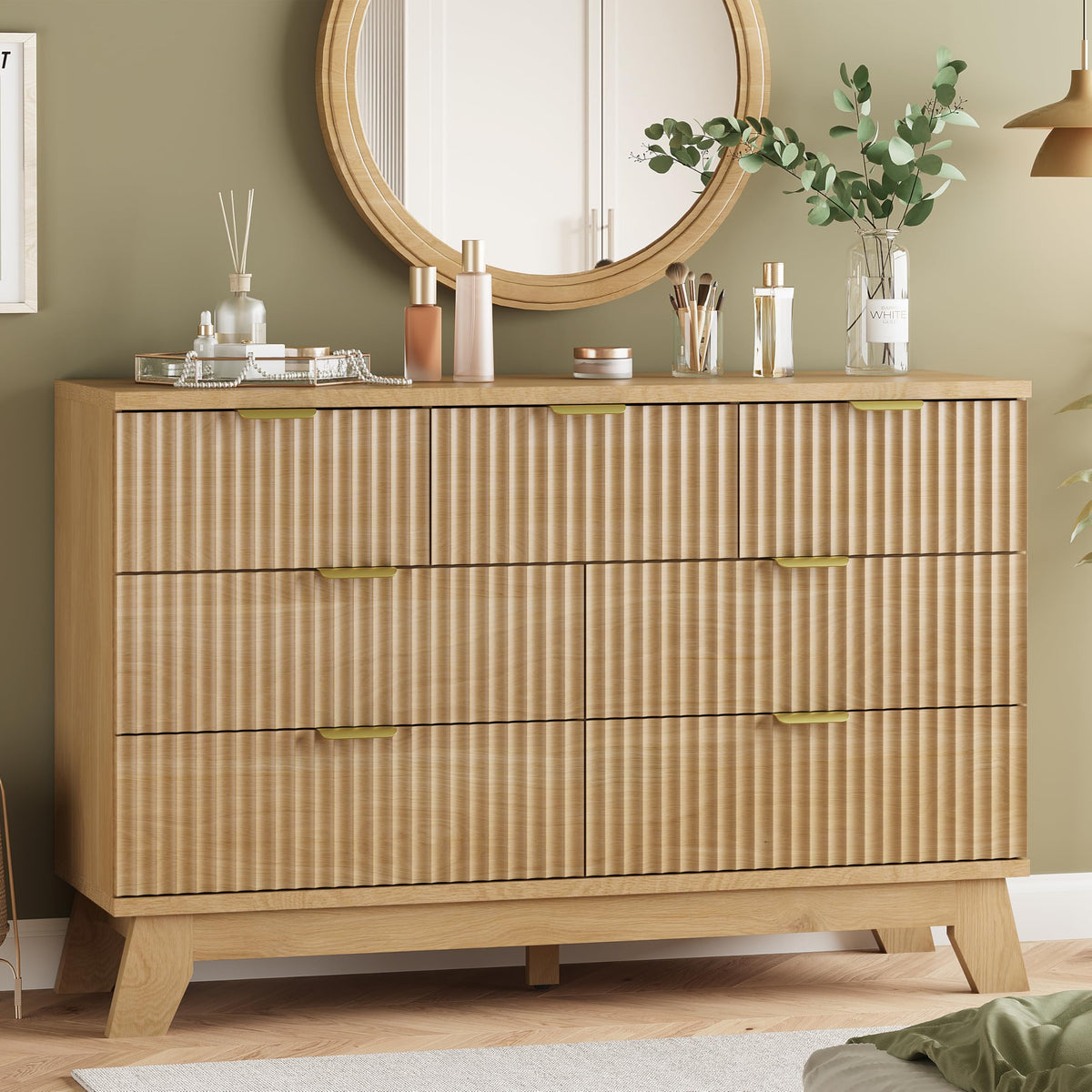 Fluted Dresser for Bedroom with 7 Drawers, 48 Wide Modern Chest of Drawers with Metal Handle, Wood Dresser TV Stand, Wooden Clos