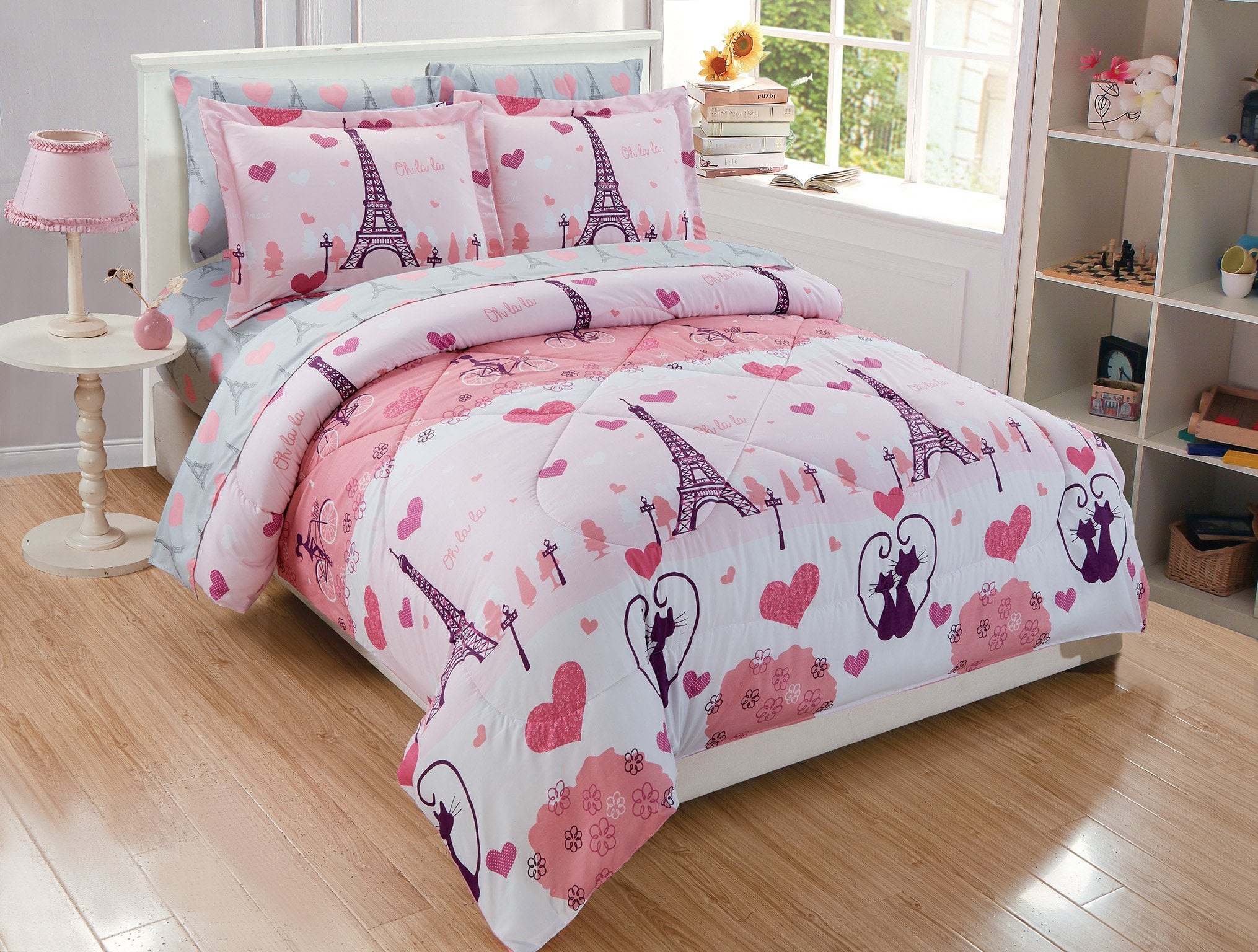 Linen Plus Twin Size 5Pc Comforter Set For Girls/Teens Paris Eiffel Tower Hearts Grey Pink New
