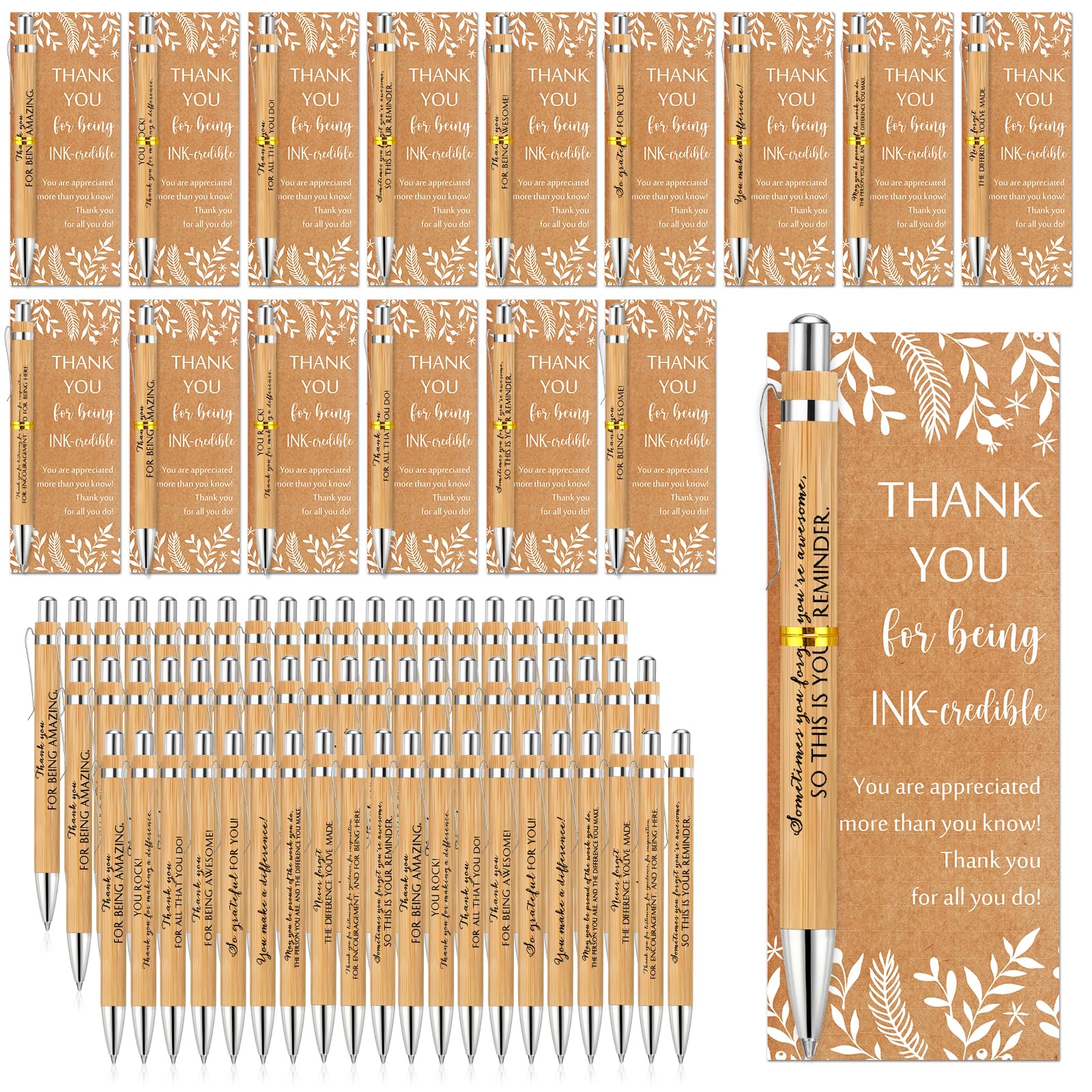 Relithick 100 Sets Employee Appreciation Gift Inspirational Bamboo Ballpoint Pen Bulk With Thank You Greeting Card Valentines Pa