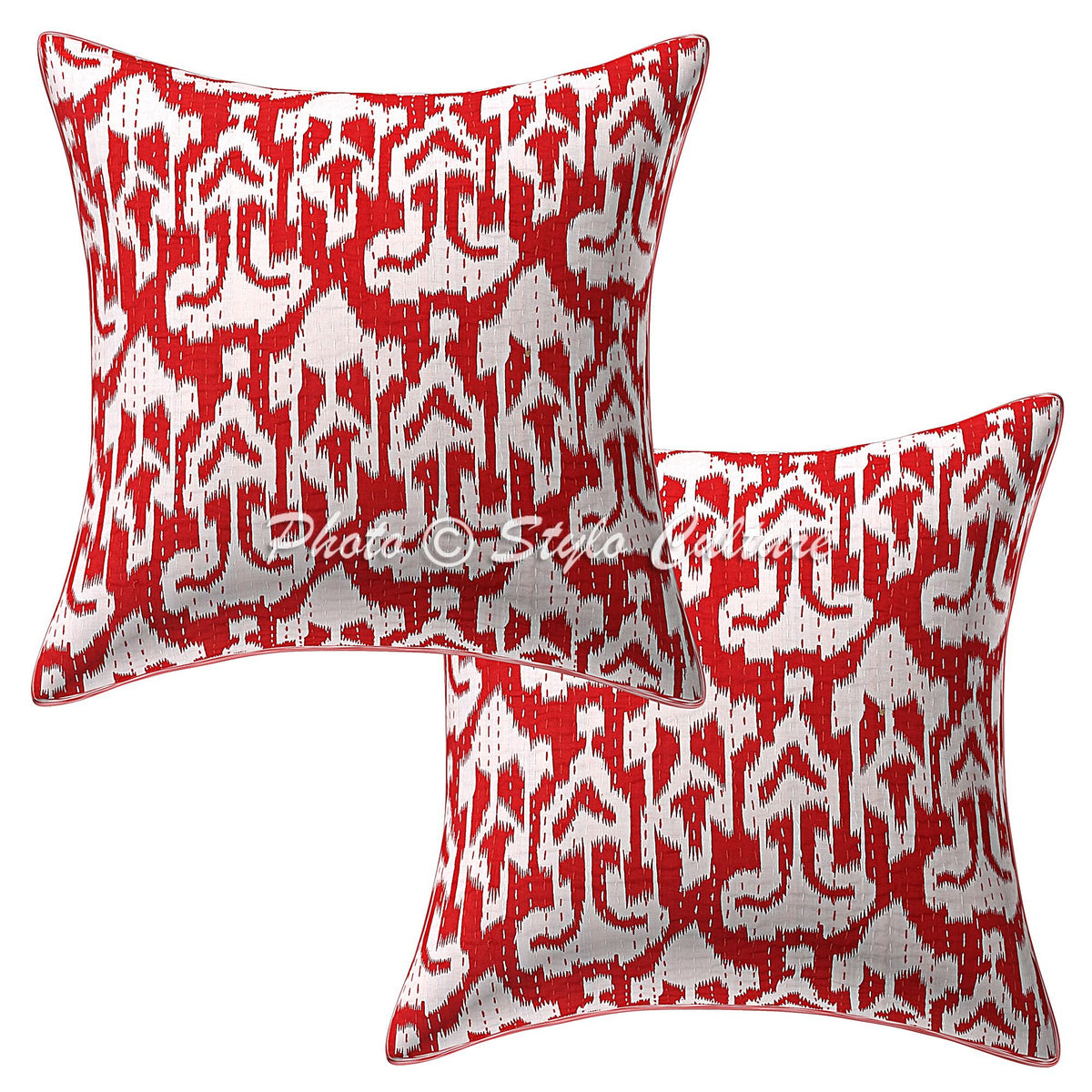 Stylo Culture Decorative Cotton Cushion Covers For Sofa 16X16 Inch Kantha Embroidered Red Drawing Room Decor Ikat Traditional Sq