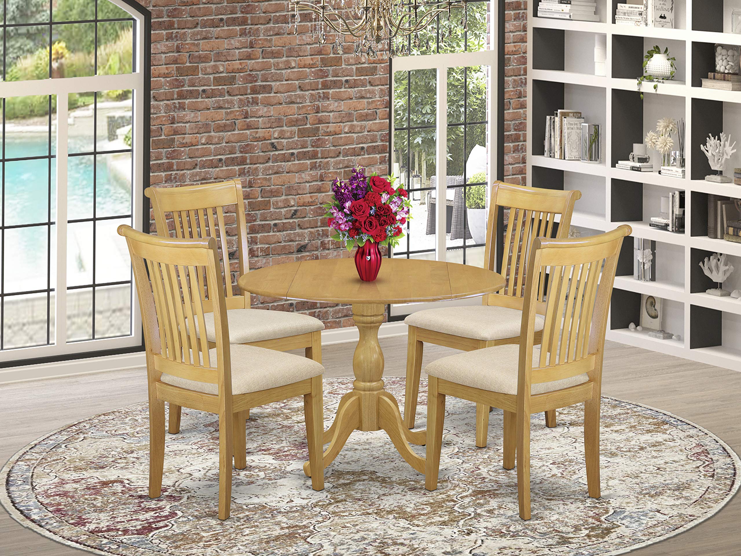 East West Furniture DMPO5-OAK-C 5 Piece Kitchen Table & Chairs Set Includes a Round Dining Table with Dropleaf and 4 Linen Fabri