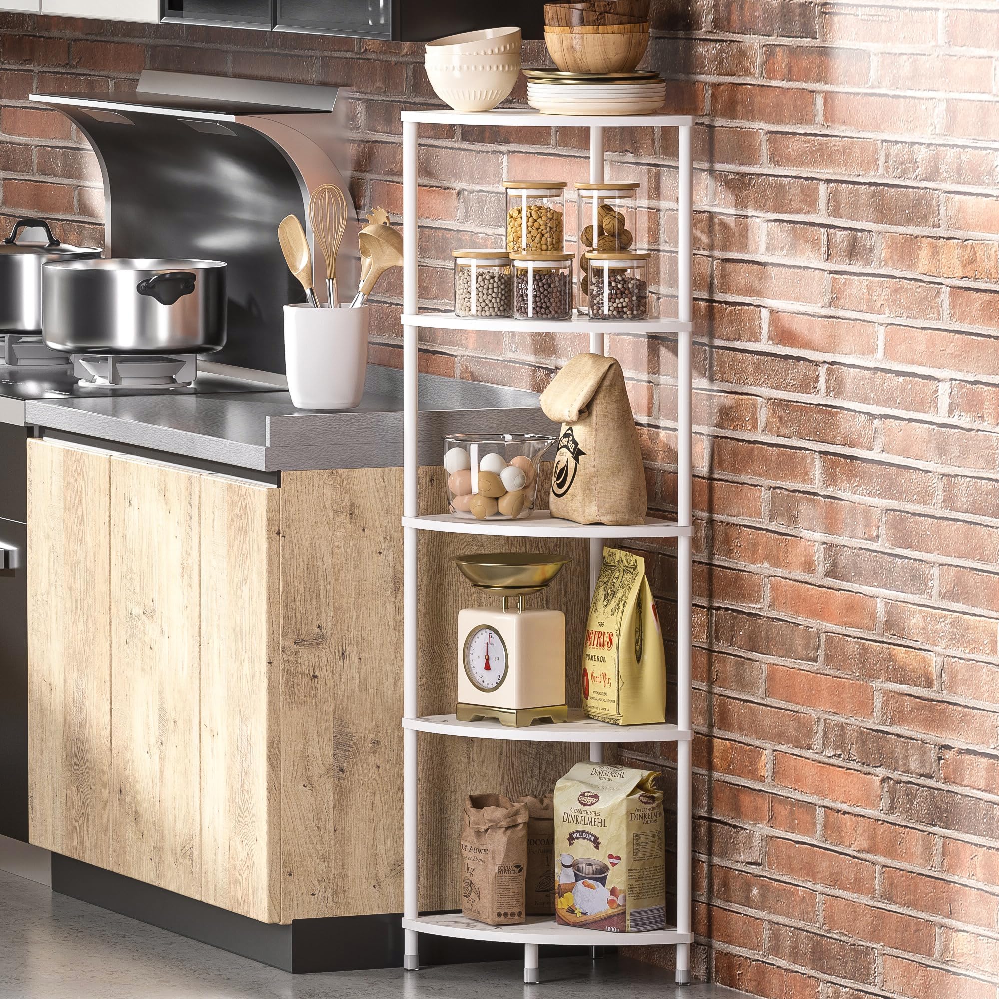 Greatseas 5 Tier Corner Shelf Stand, 44.1 Kitchen Shelf Organizer with Metal Frame, Small Corner Shelf for Kitchen Organization 