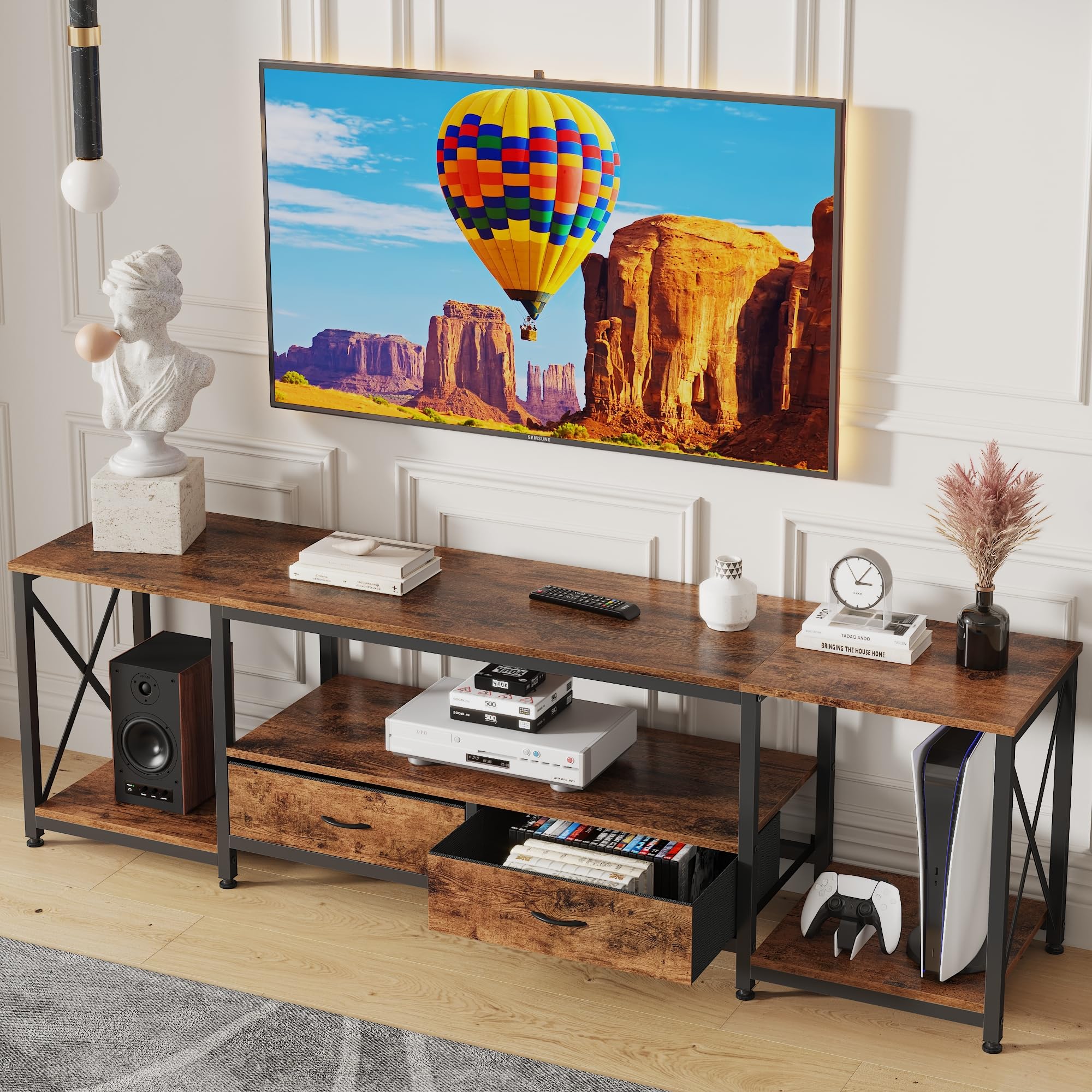 Gyiiyuo Tv Stand With Fabric Drawer For 55 60 65 Inches Tv - Entertainment Center And Industrial Tv Console Table With Open Stor