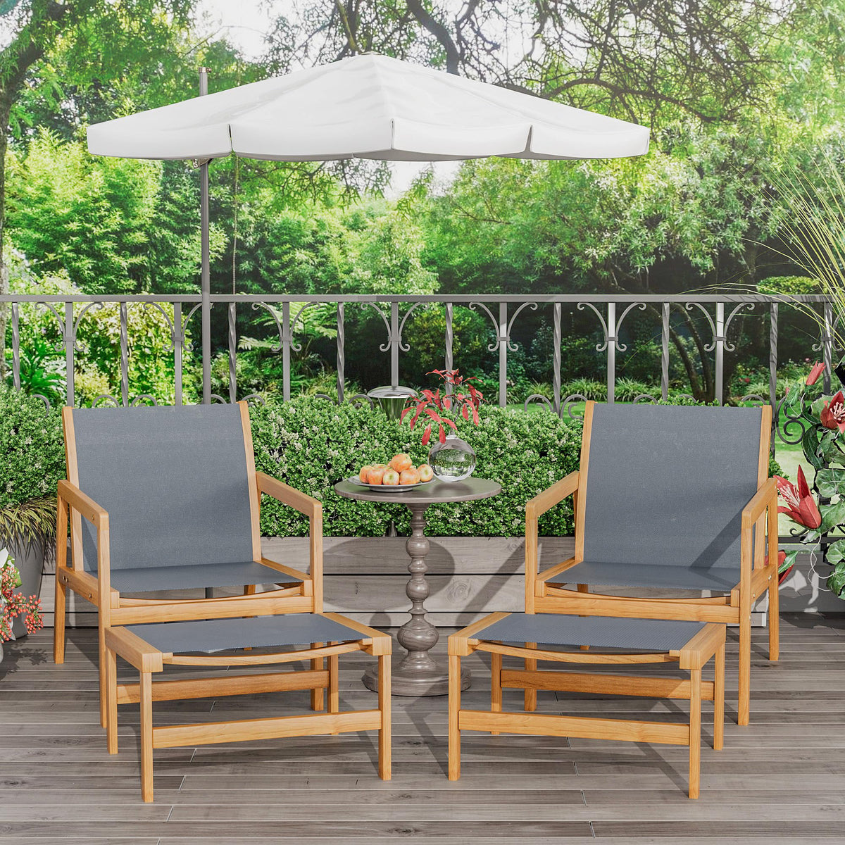 Greesum 4 Piece Furniture Outdoor Acacia Wood Chair With Ottoman For Porch, Balcony, Deck, Patio, Backyard, Gray