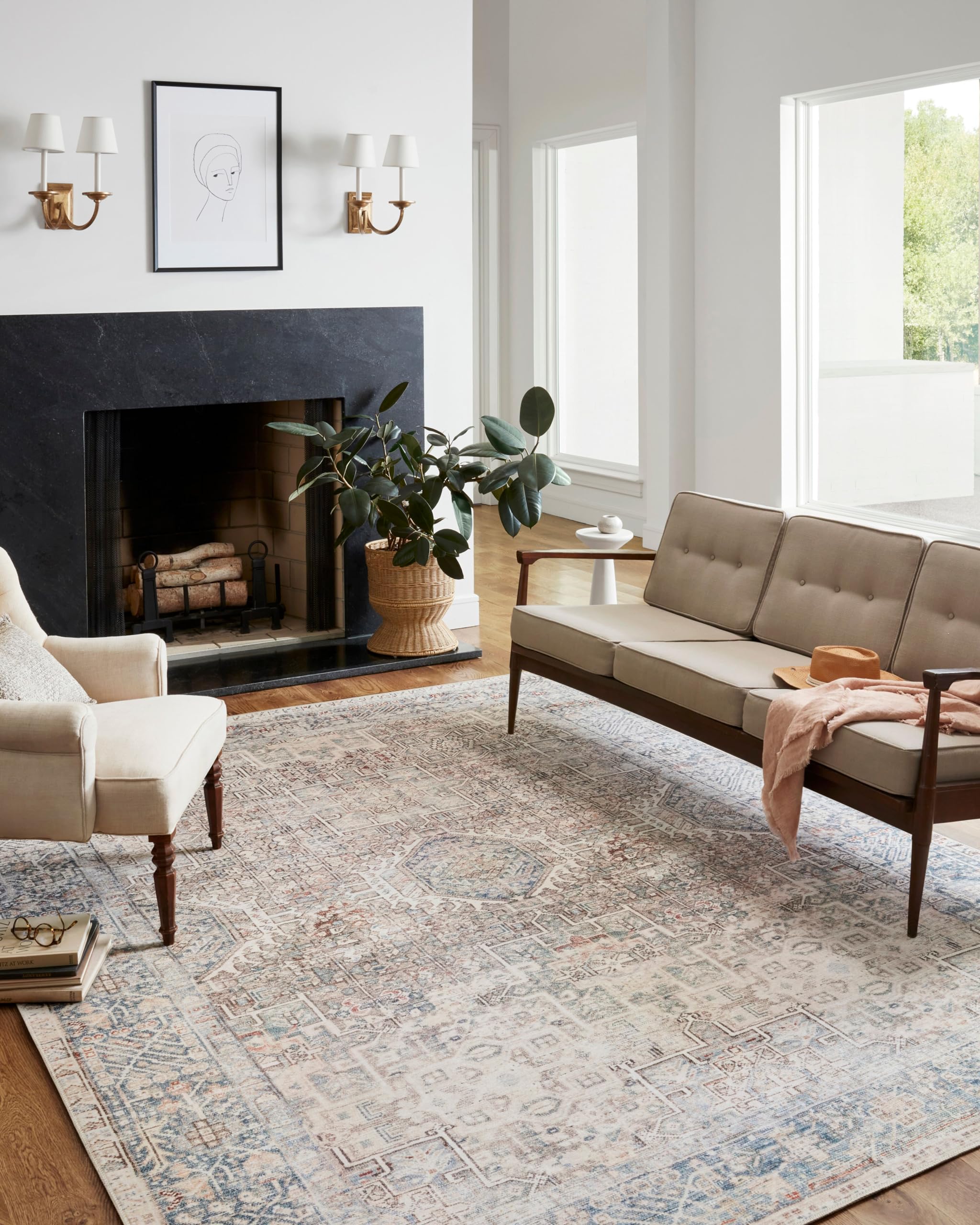 Loloi Chris Loves Julia x Jules Collection, Natural & Ocean 2-6 x 12-0 Area Rug - Vintage Accent Rugs for Living Room, Bedroom