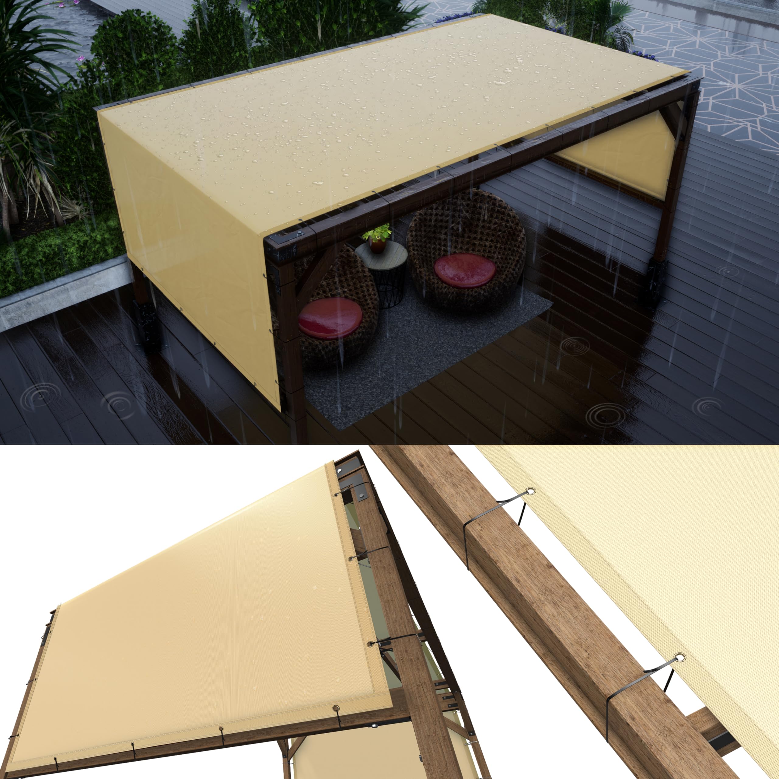 ColourTree 8  x 16  Beige Waterproof Pergola Sun Shade Canopy Replacement Cover UPF50, Commercial Grade 260 GSM Cloth for Outd