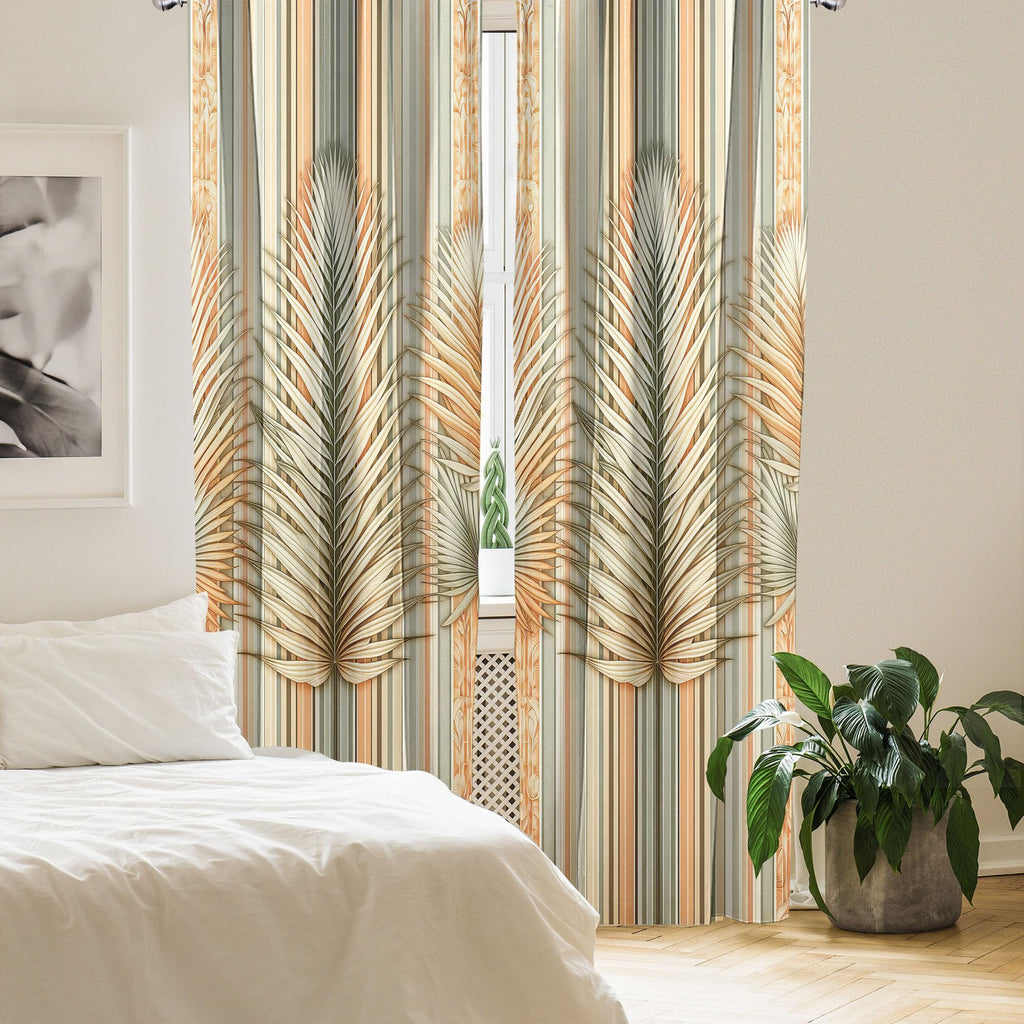 Ambesonne Exotic Window Curtains Pack Of 2, Vintage Tropical Jungle Leaf On Soft Nostalgic Stripes Pattern, Lightweight Set With