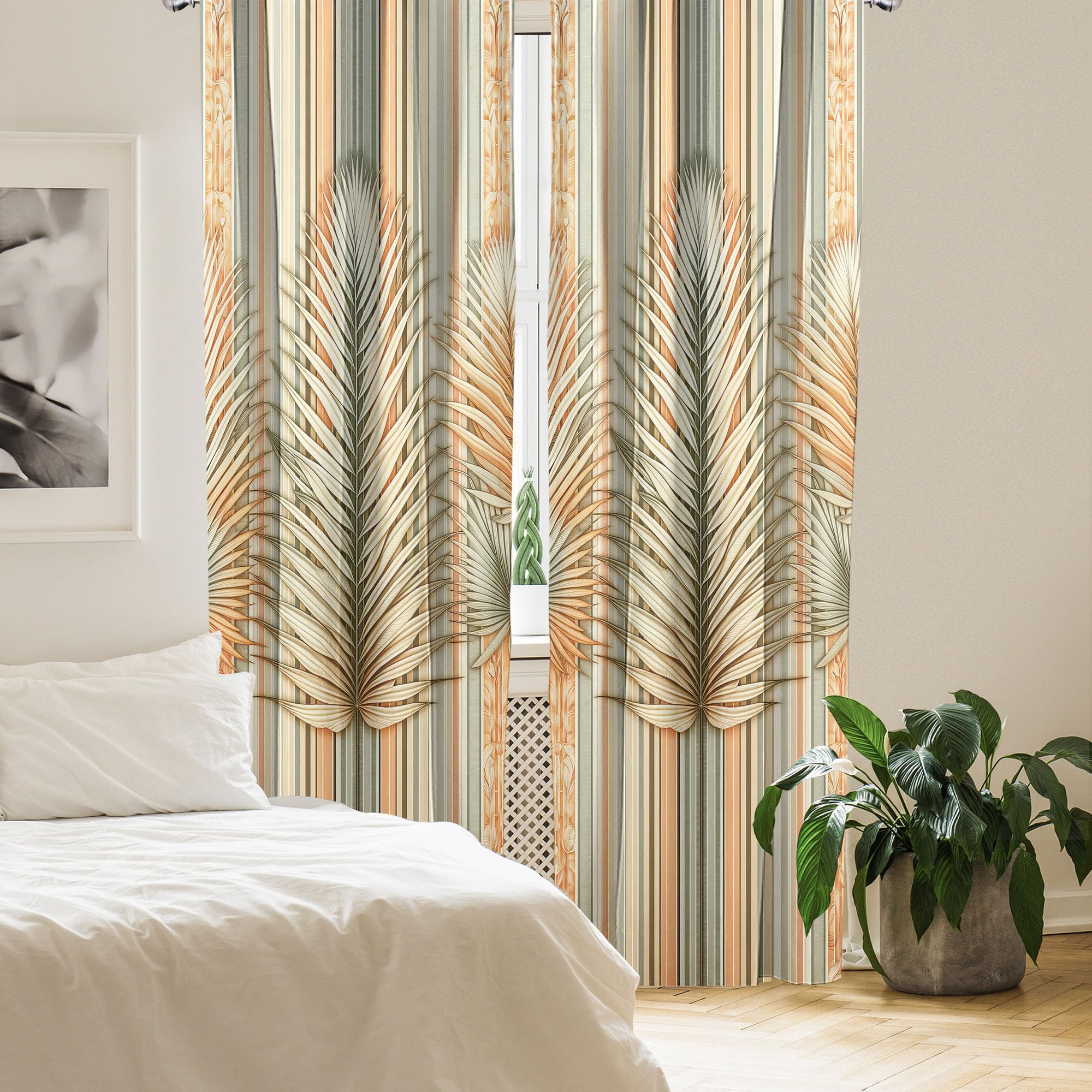 Ambesonne Exotic Window Curtains Pack Of 2, Vintage Tropical Jungle Leaf On Soft Nostalgic Stripes Pattern, Lightweight Set With